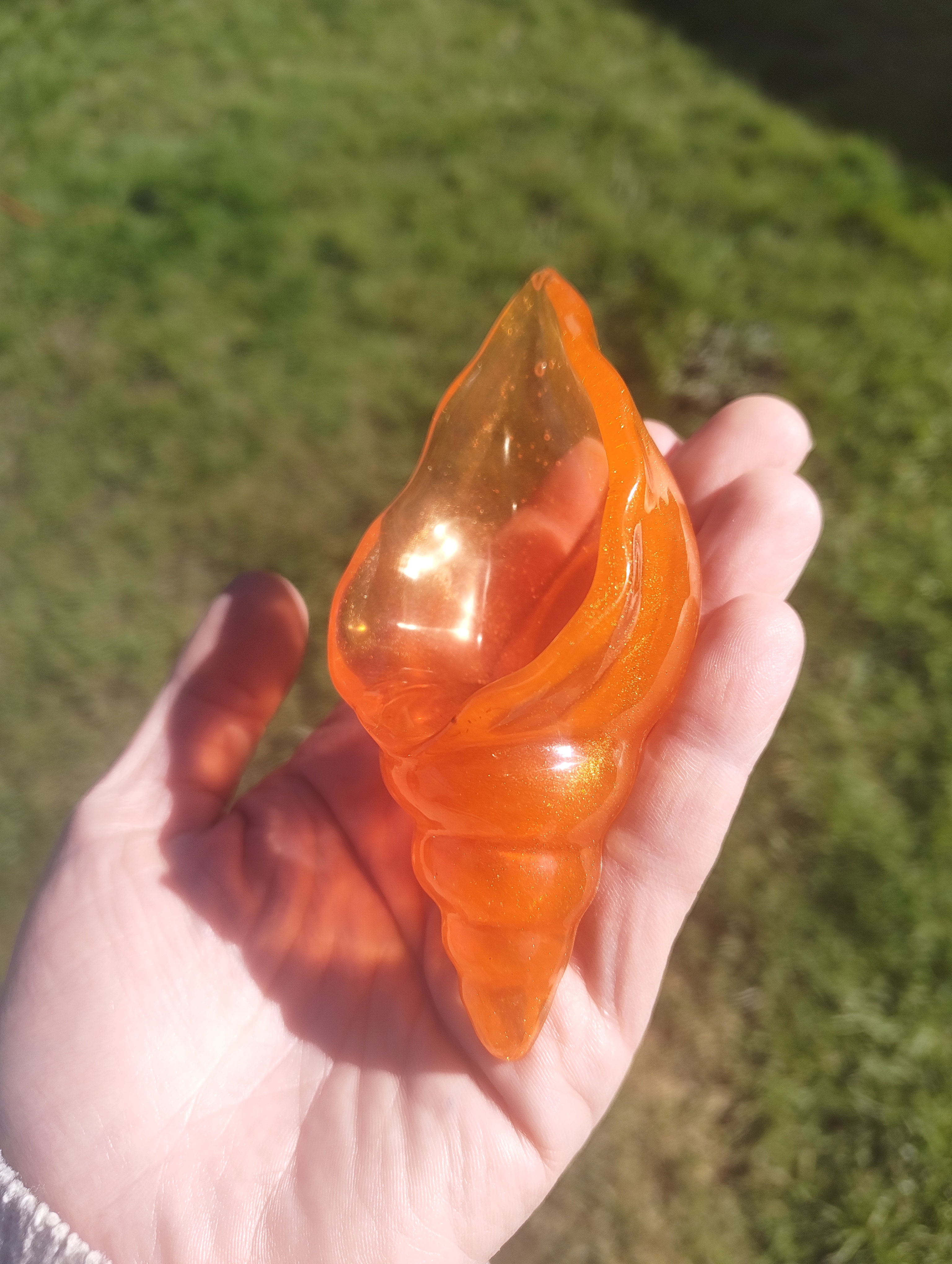 "Amber Sunset" Fiery Orange Shimmer Resin Conch Shell Dish