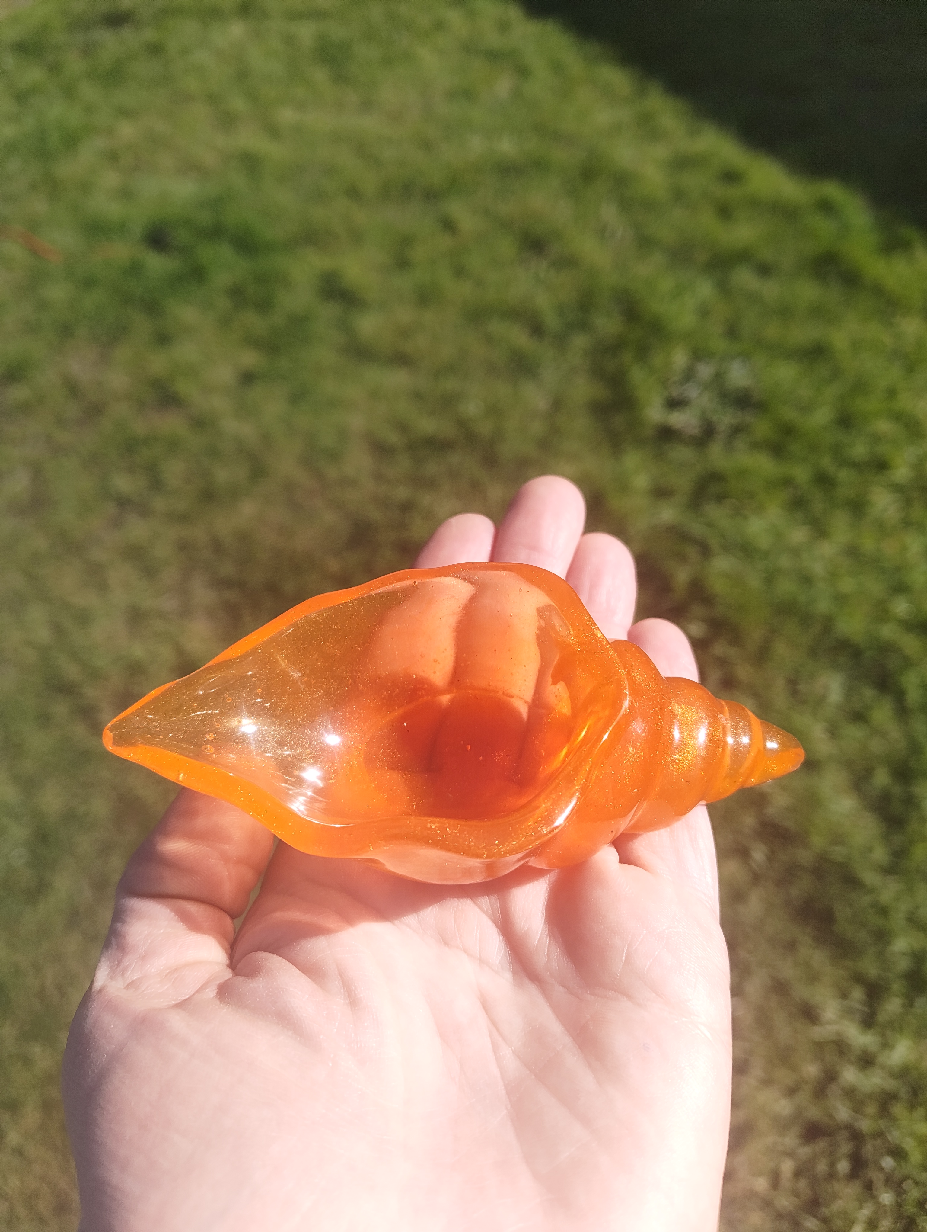 "Amber Sunset" Fiery Orange Shimmer Resin Conch Shell Dish