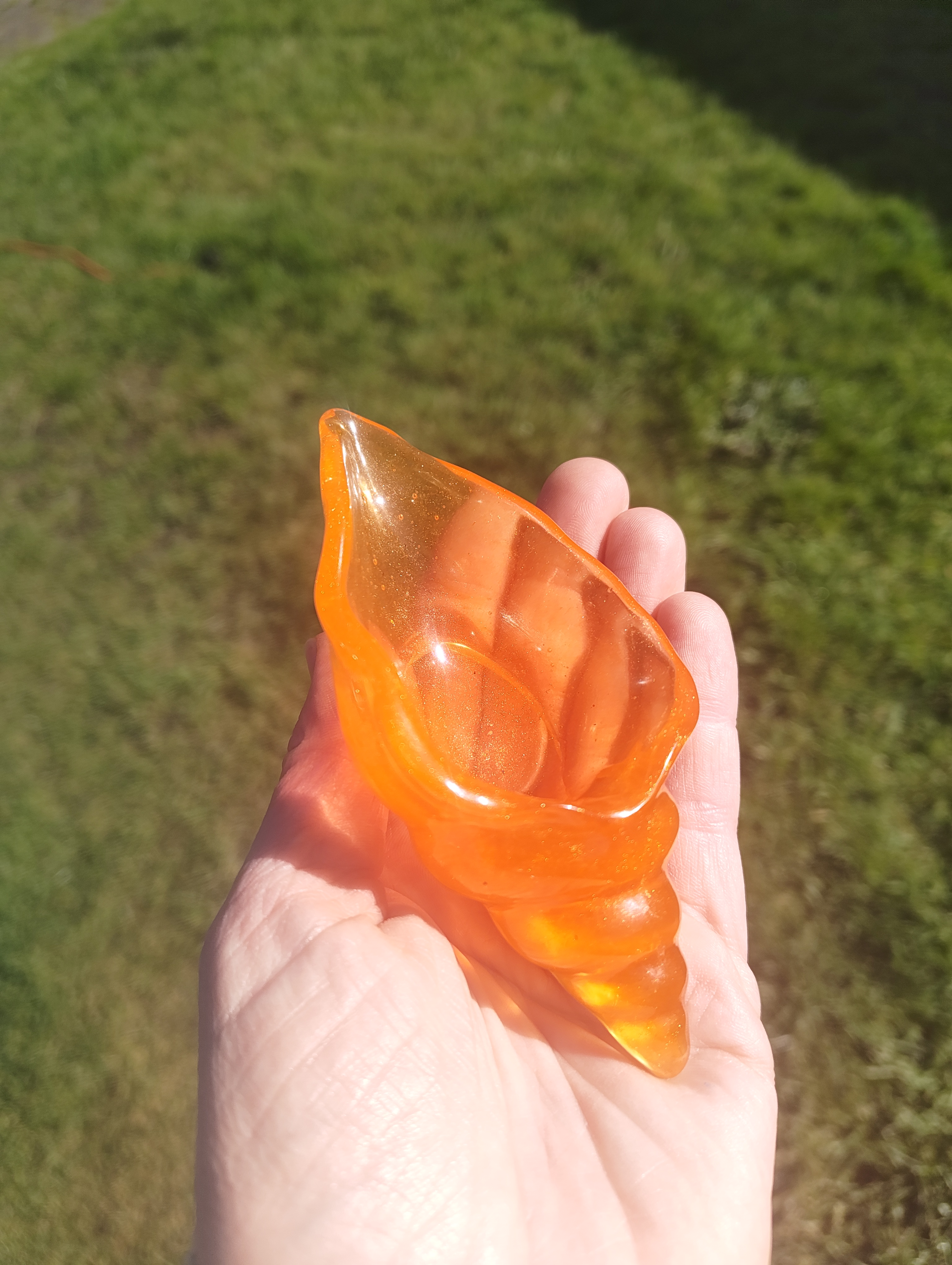 "Amber Sunset" Fiery Orange Shimmer Resin Conch Shell Dish