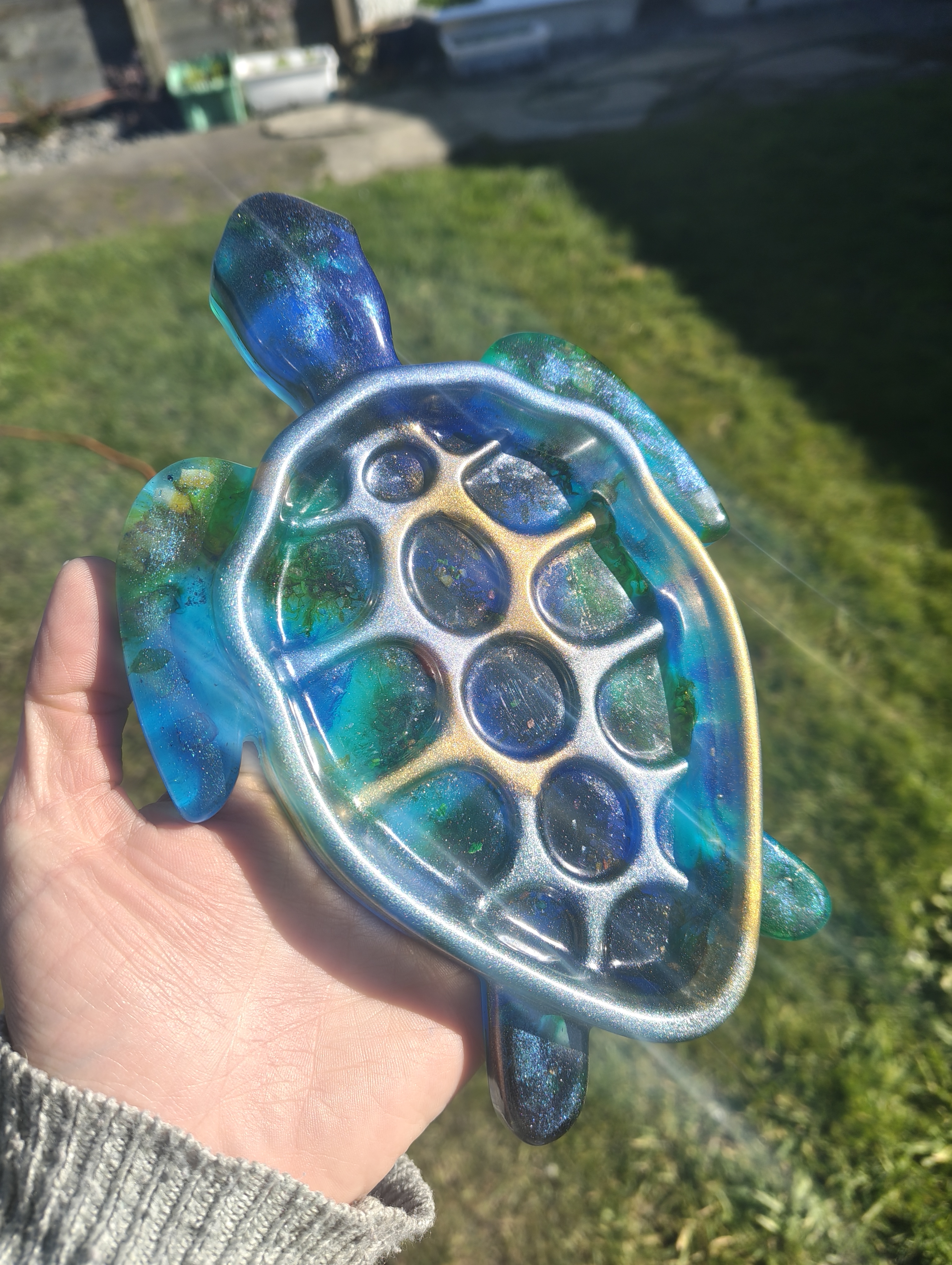 "Deep Ocean" Shimmering Blue & Emerald Resin Sea Turtle Soap Throne