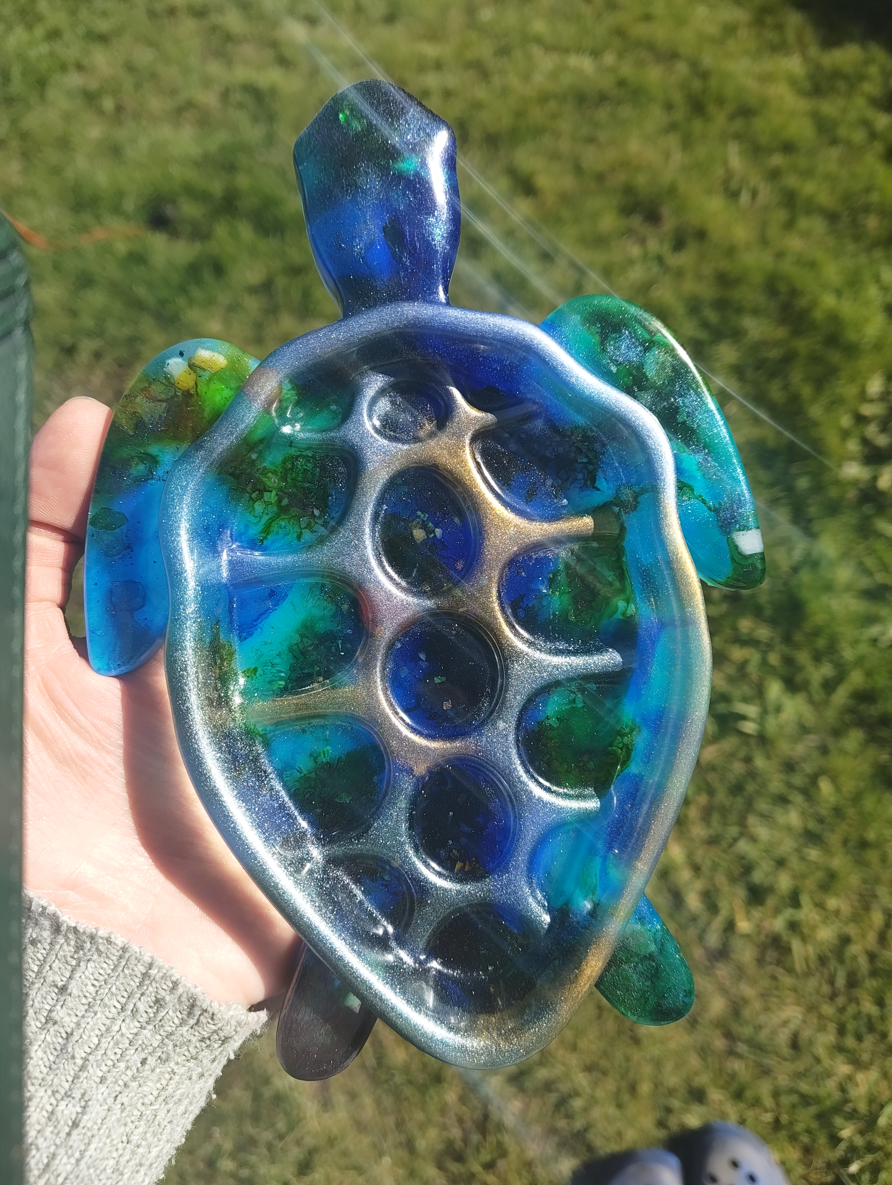 "Deep Ocean" Shimmering Blue & Emerald Resin Sea Turtle Soap Throne