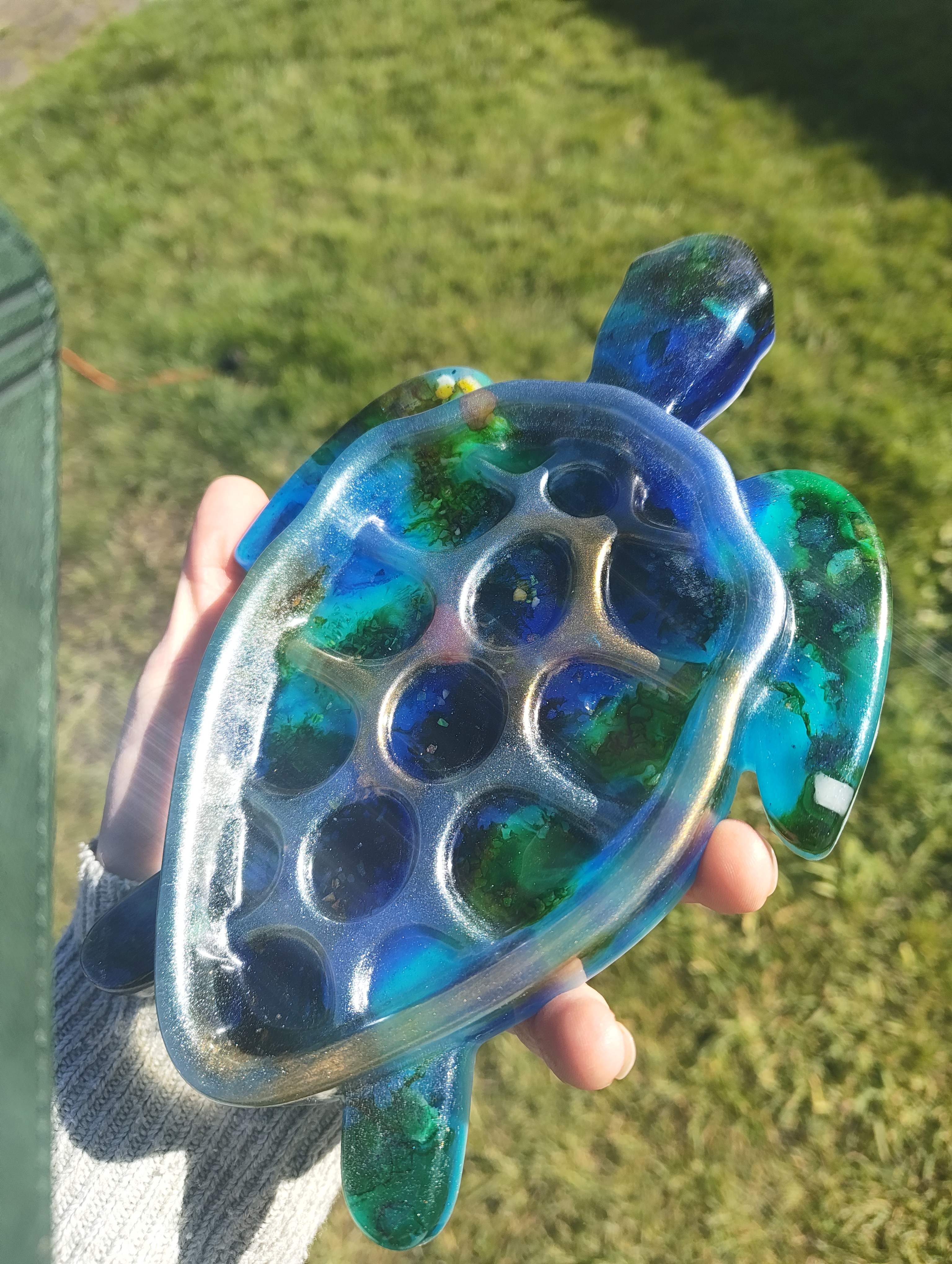 "Deep Ocean" Shimmering Blue & Emerald Resin Sea Turtle Soap Throne