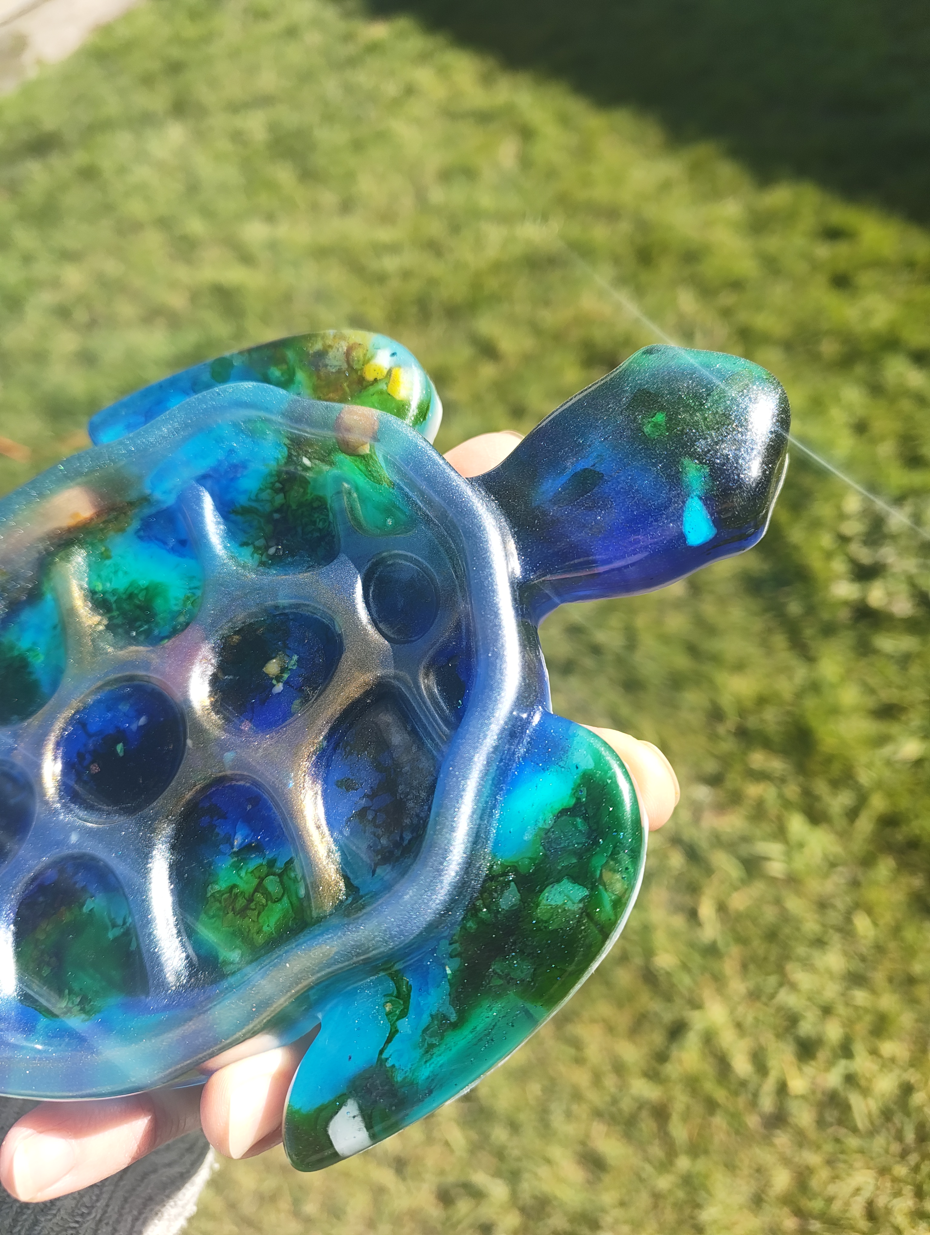 "Deep Ocean" Shimmering Blue & Emerald Resin Sea Turtle Soap Throne