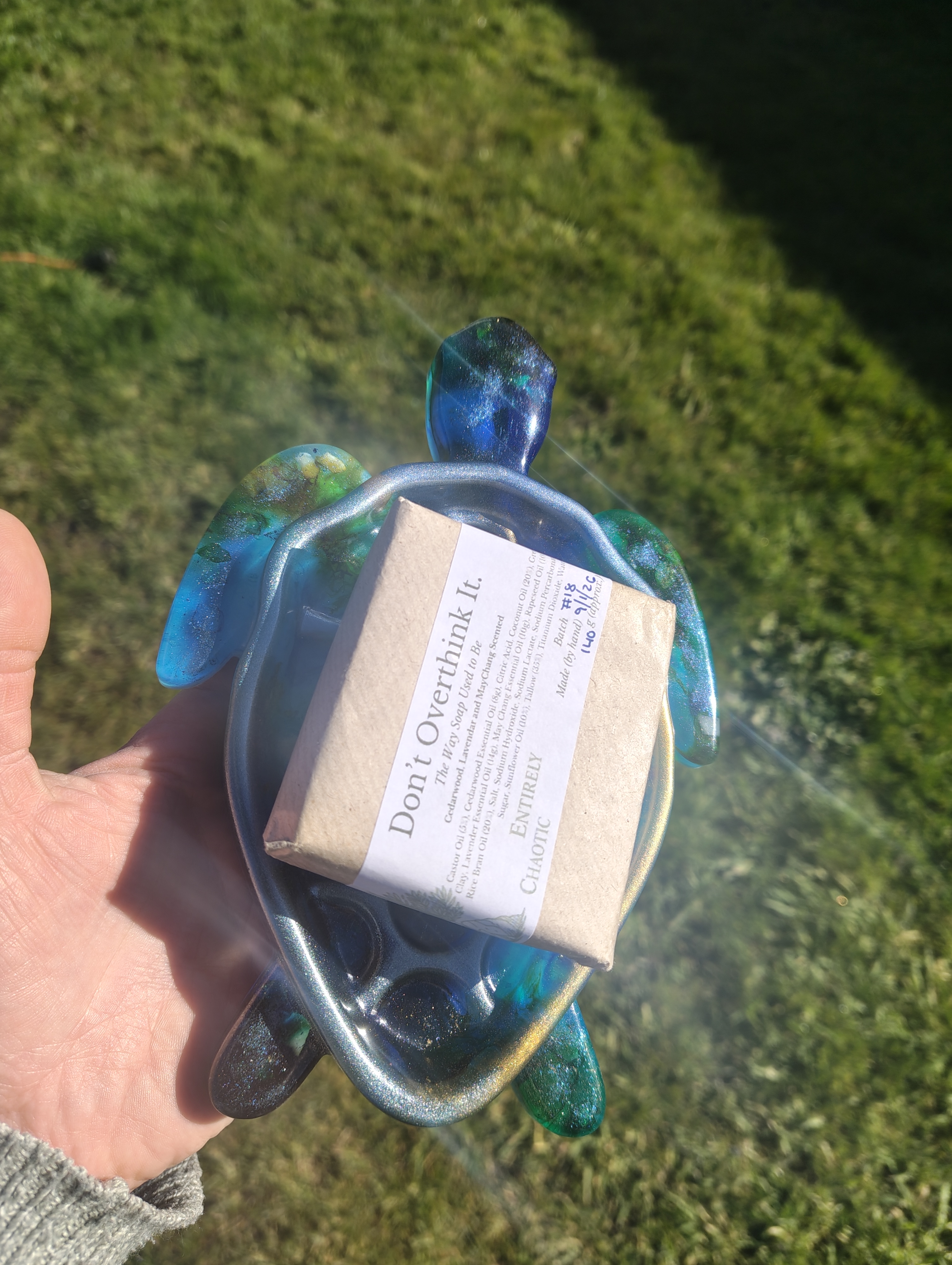 "Deep Ocean" Shimmering Blue & Emerald Resin Sea Turtle Soap Throne