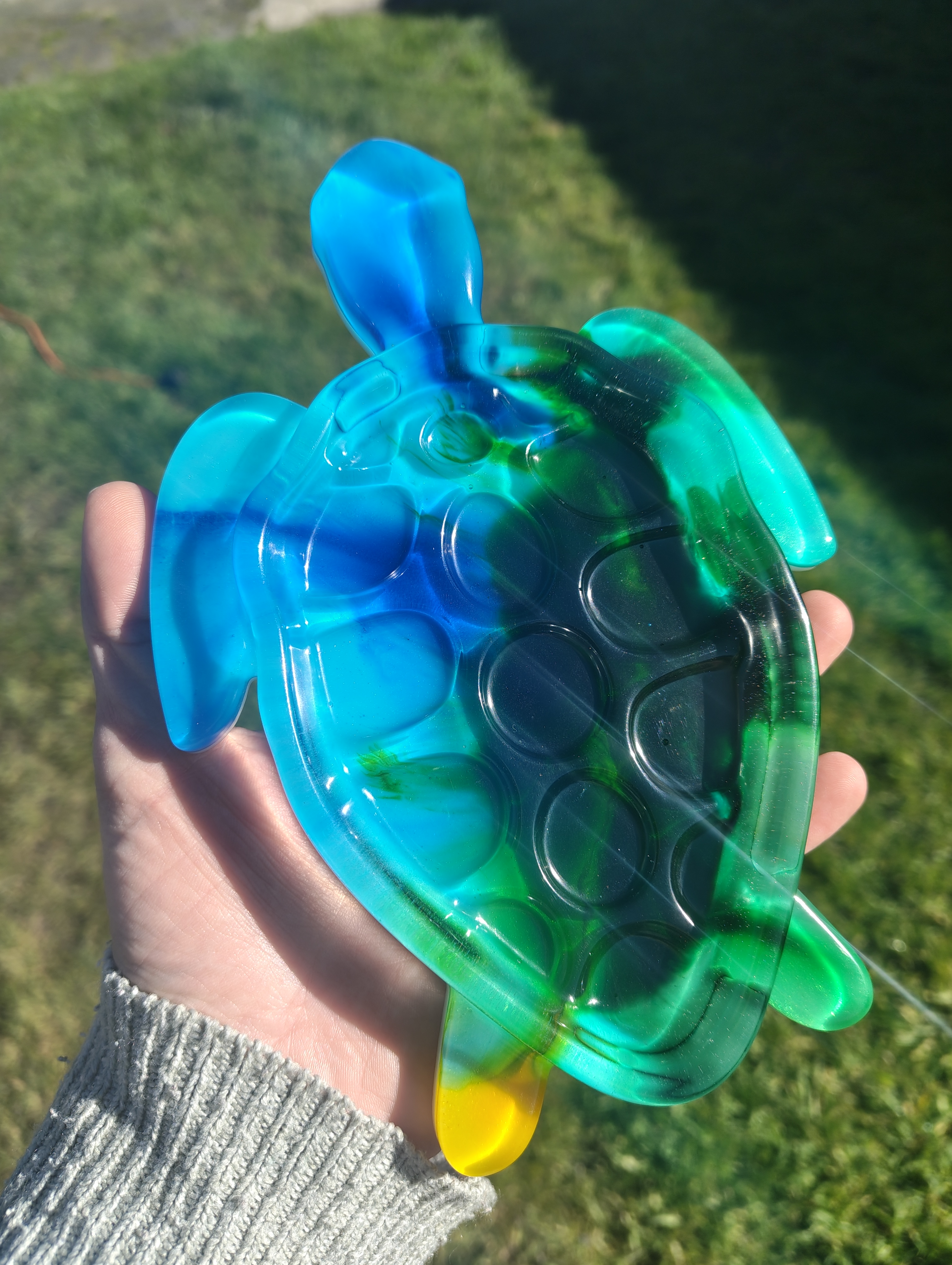 "Lagoon Swirl" Translucent Blue & Emerald Resin Sea Turtle Soap Throne