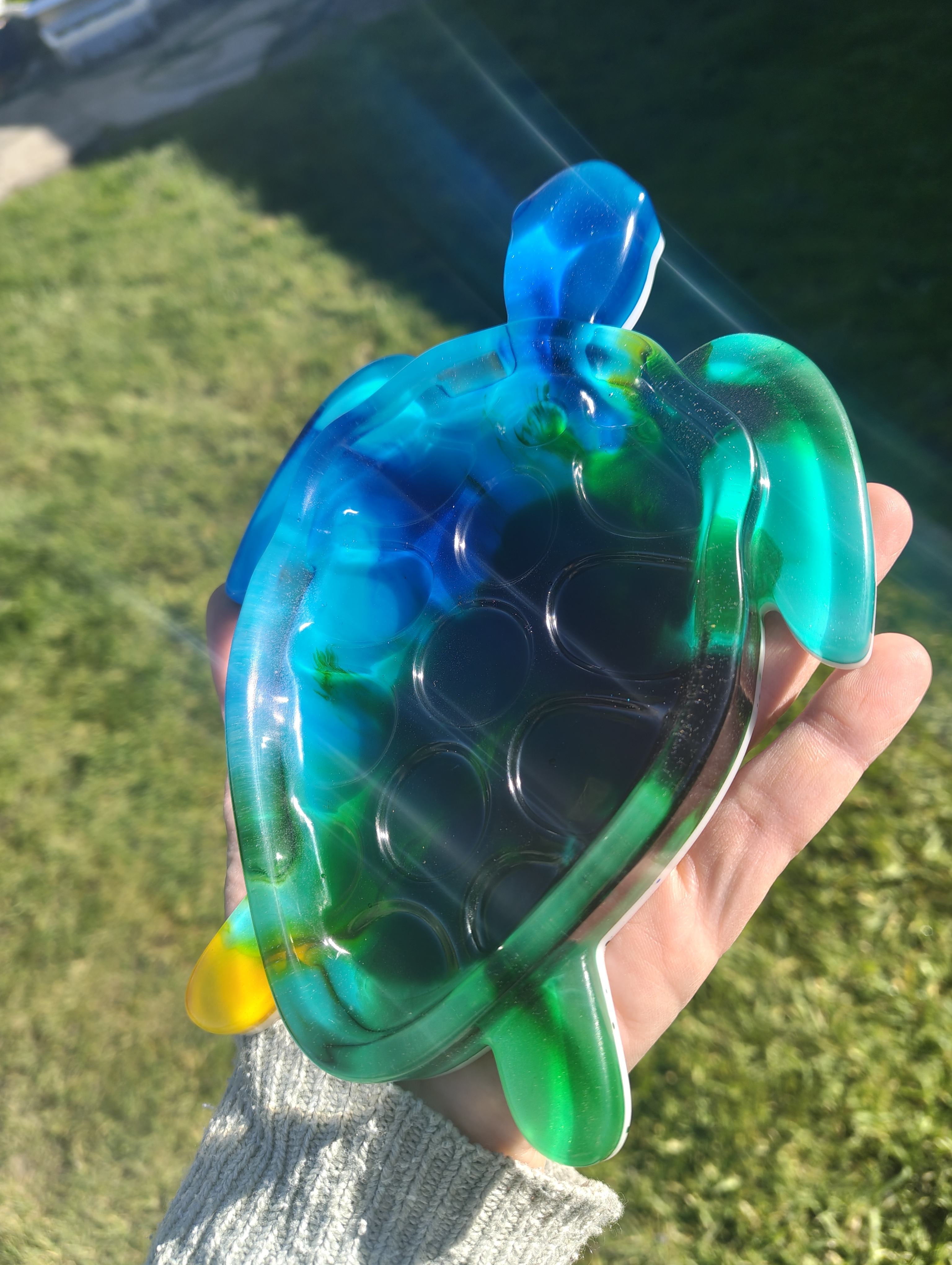 "Lagoon Swirl" Translucent Blue & Emerald Resin Sea Turtle Soap Throne