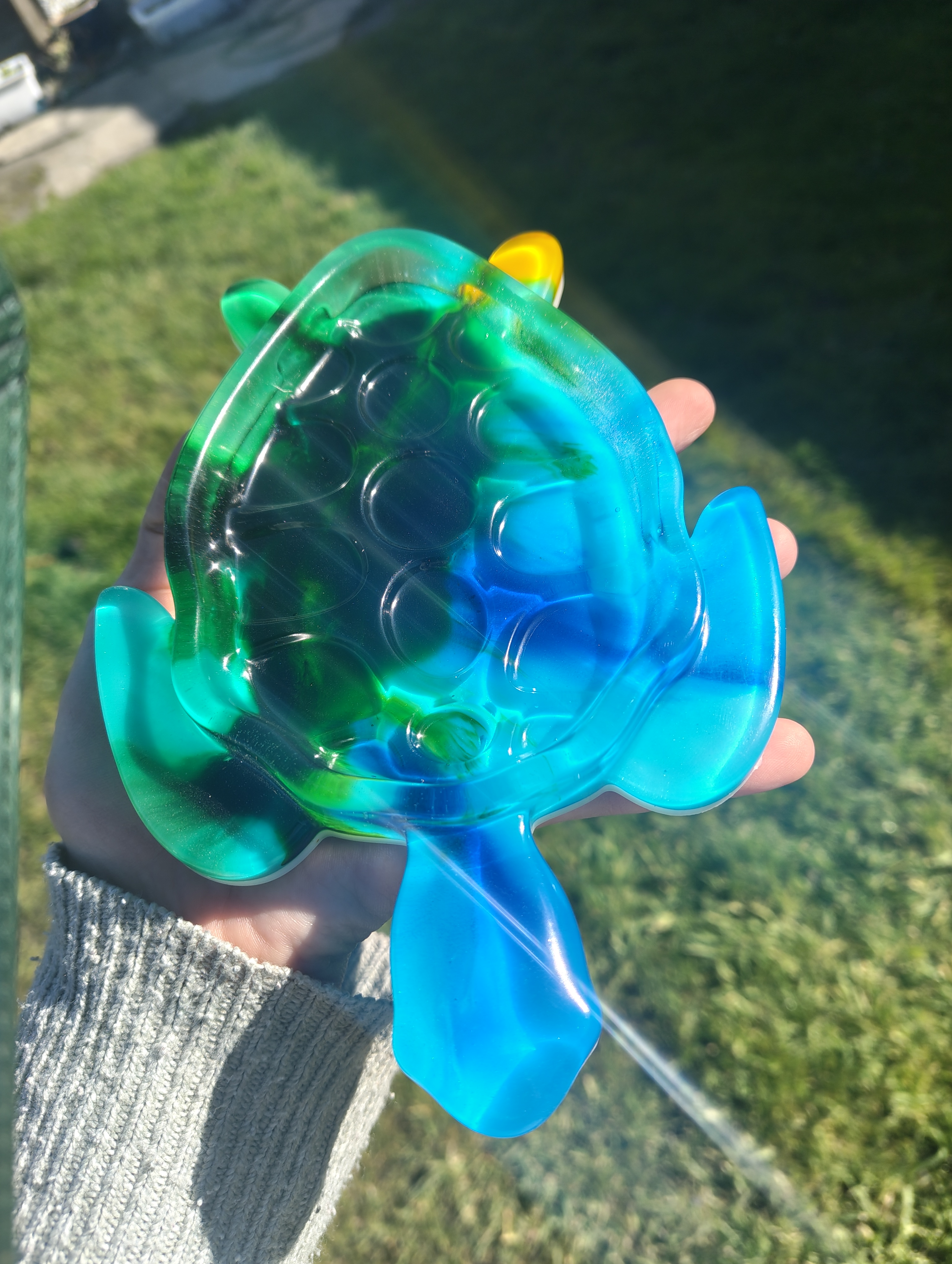 "Lagoon Swirl" Translucent Blue & Emerald Resin Sea Turtle Soap Throne