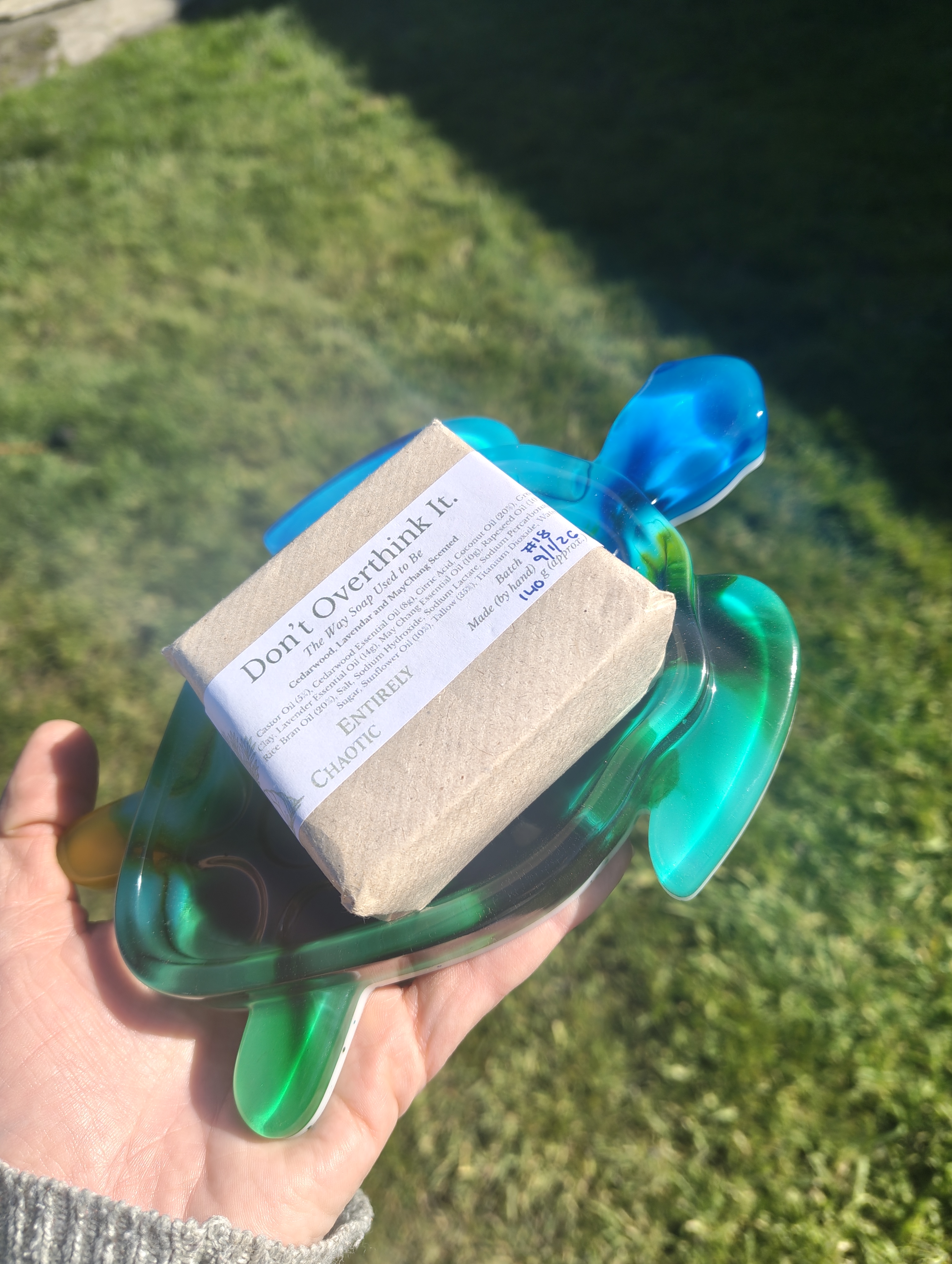 "Lagoon Swirl" Translucent Blue & Emerald Resin Sea Turtle Soap Throne