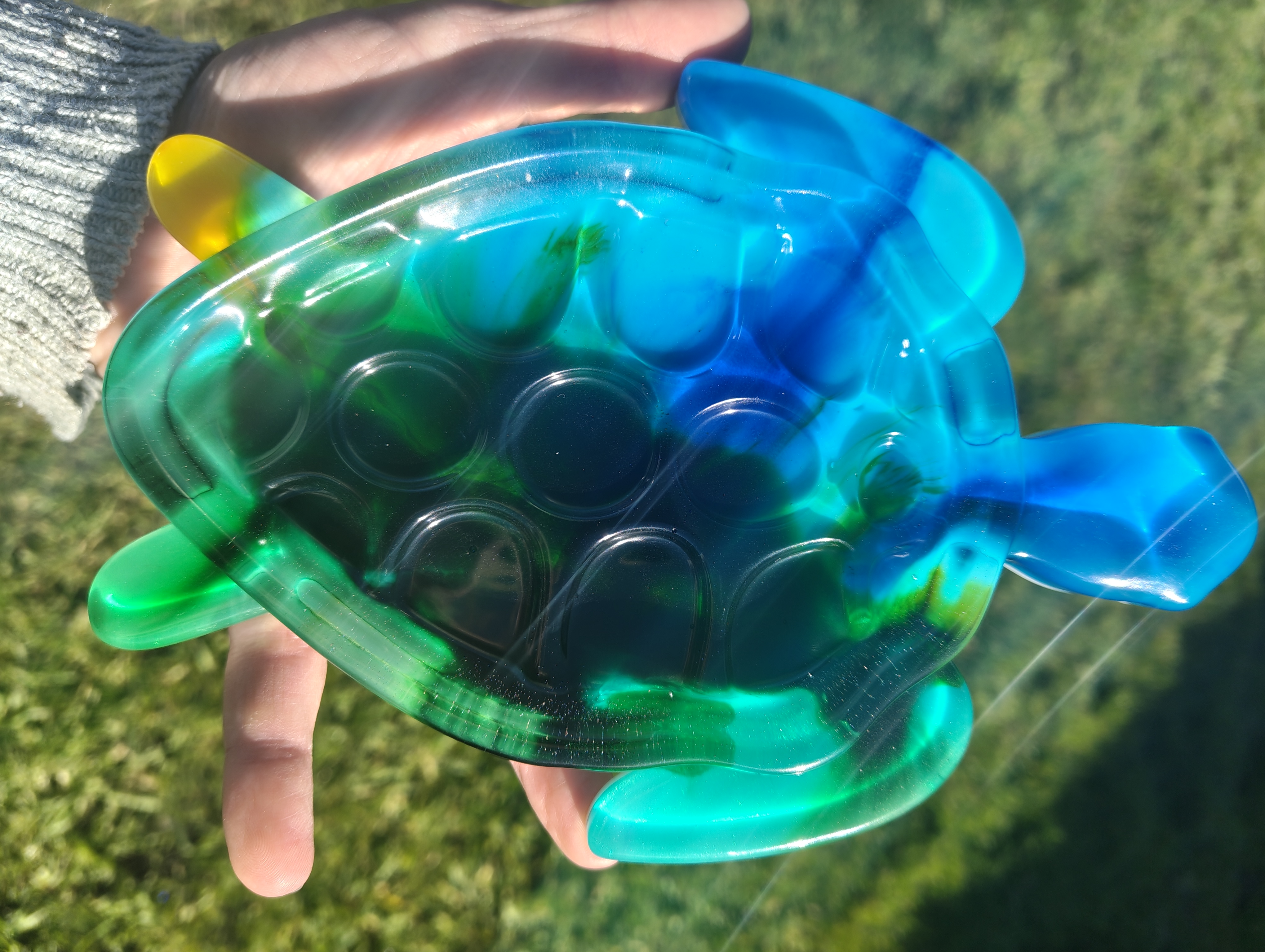 "Lagoon Swirl" Translucent Blue & Emerald Resin Sea Turtle Soap Throne