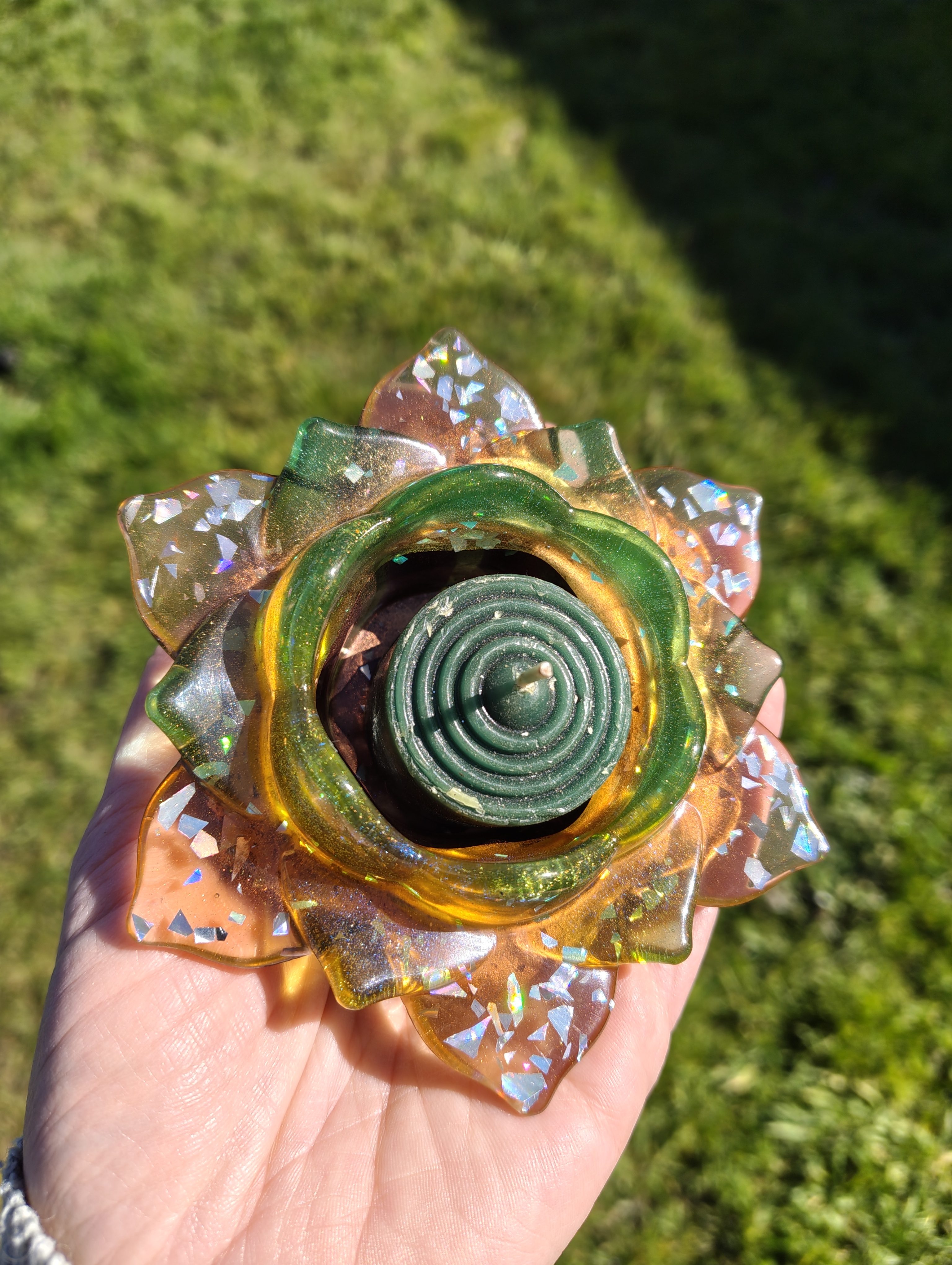 "Mystic Lotus" Shimmering Emerald & Amber Resin Lotus Candle Holder