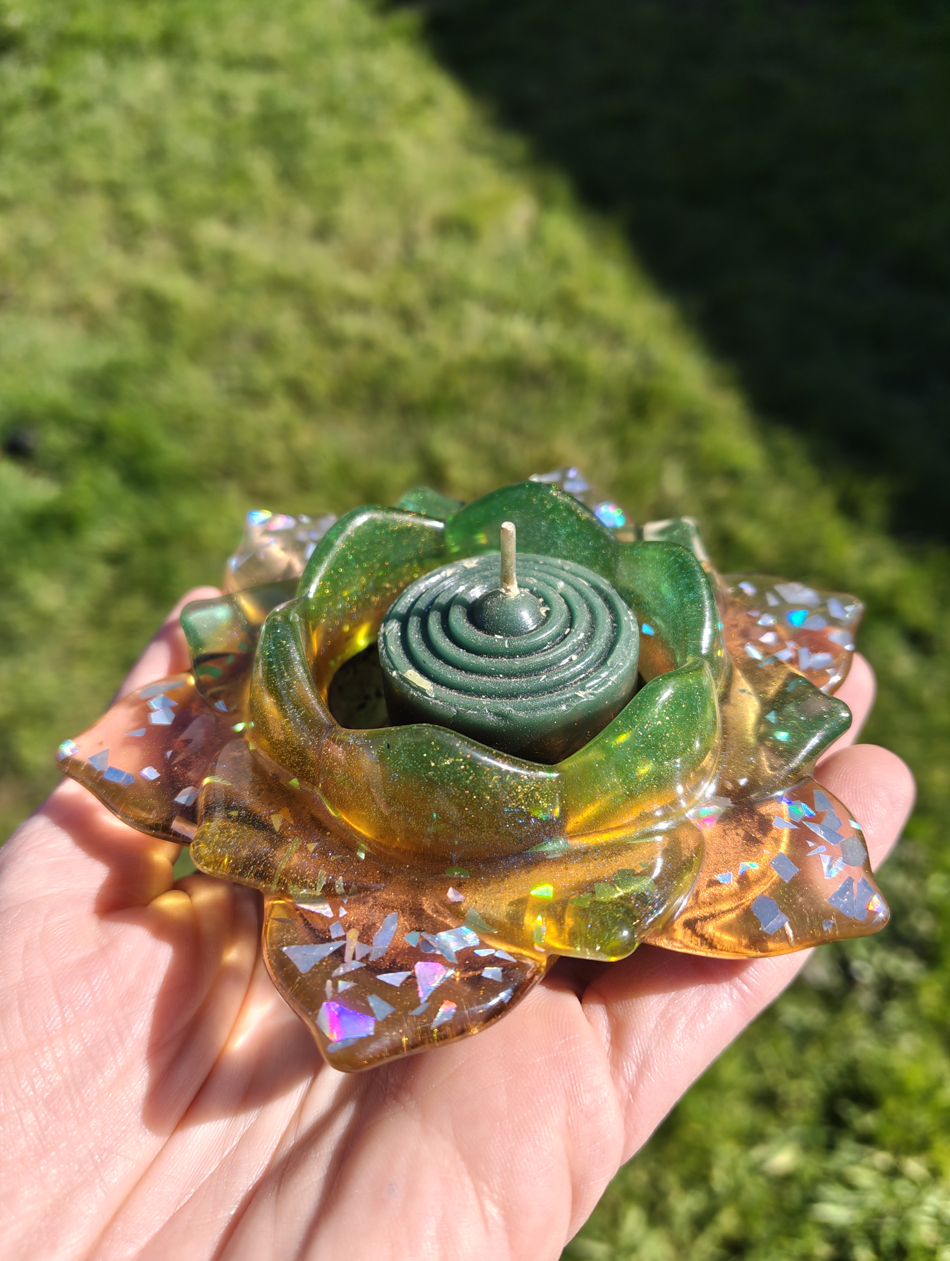 "Mystic Lotus" Shimmering Emerald & Amber Resin Lotus Candle Holder
