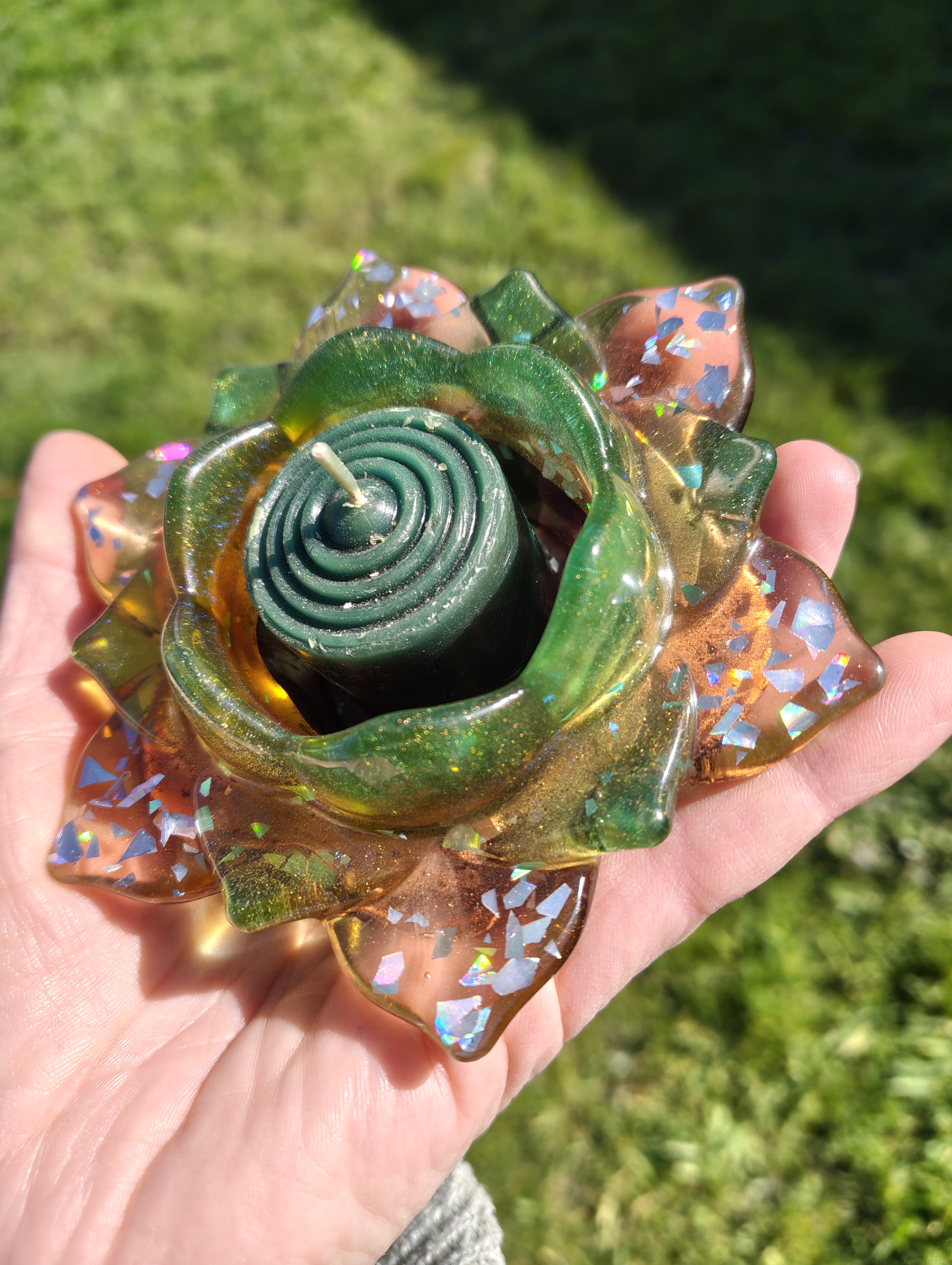 "Mystic Lotus" Shimmering Emerald & Amber Resin Lotus Candle Holder
