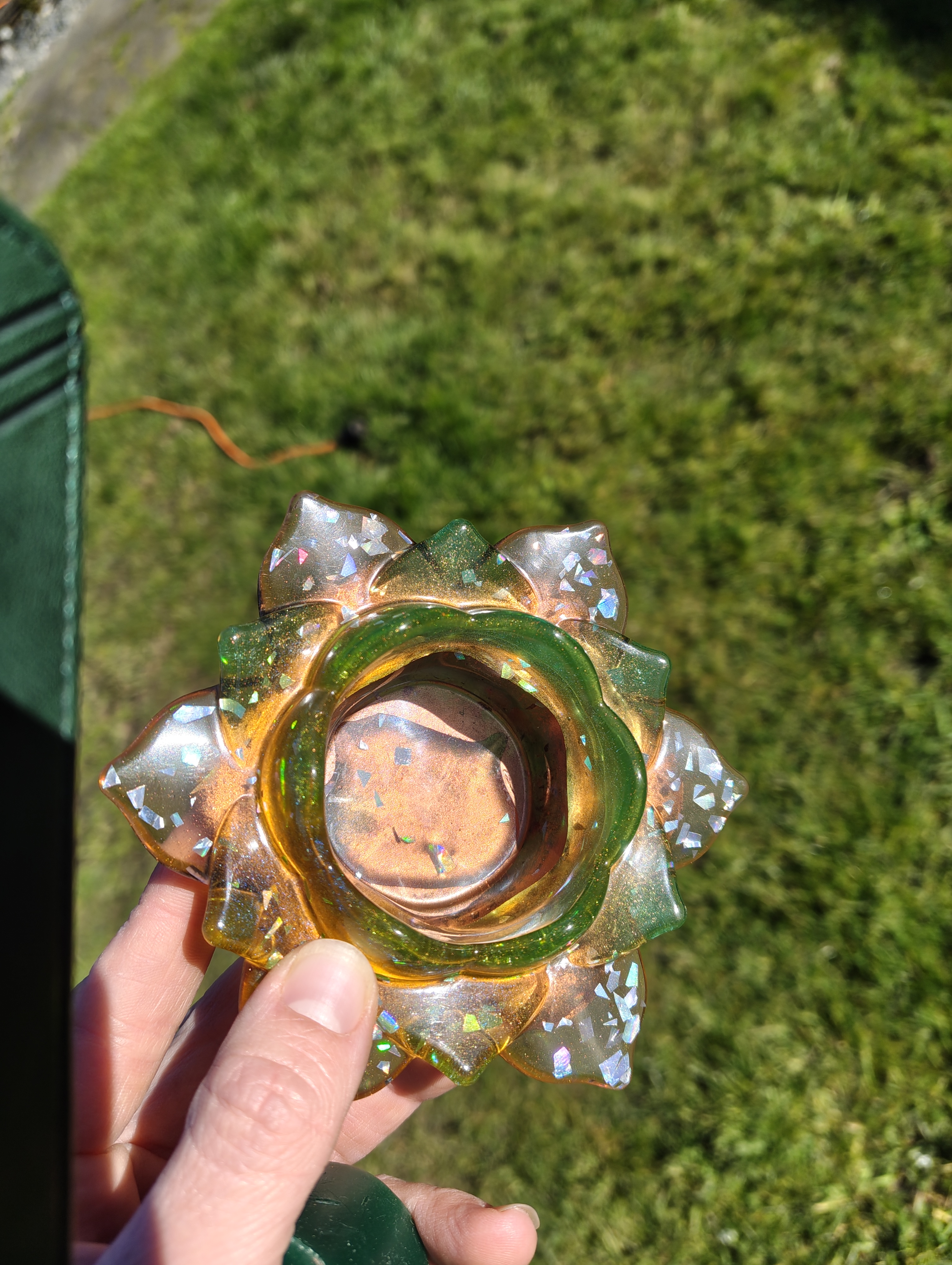 "Mystic Lotus" Shimmering Emerald & Amber Resin Lotus Candle Holder