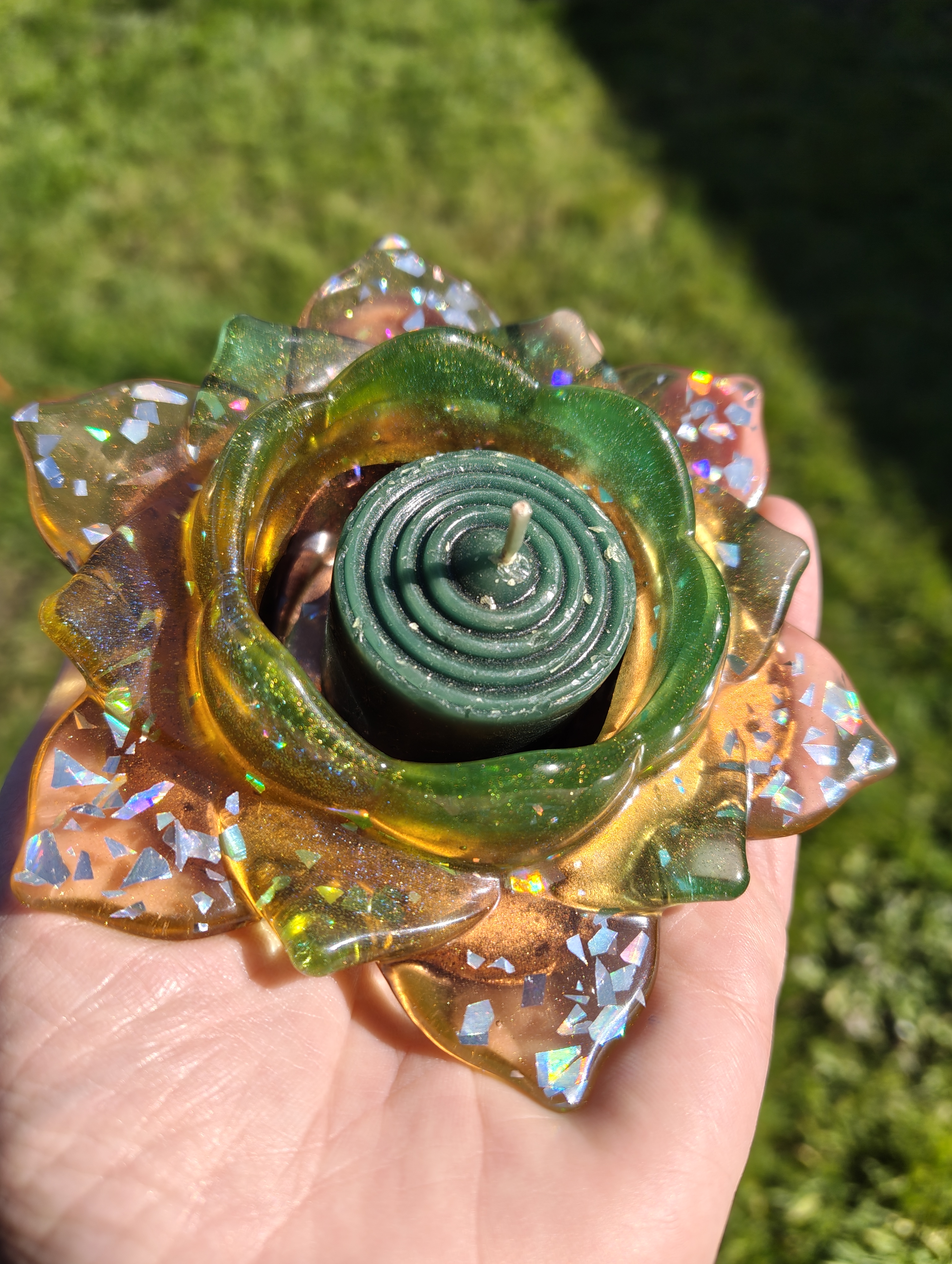 "Mystic Lotus" Shimmering Emerald & Amber Resin Lotus Candle Holder