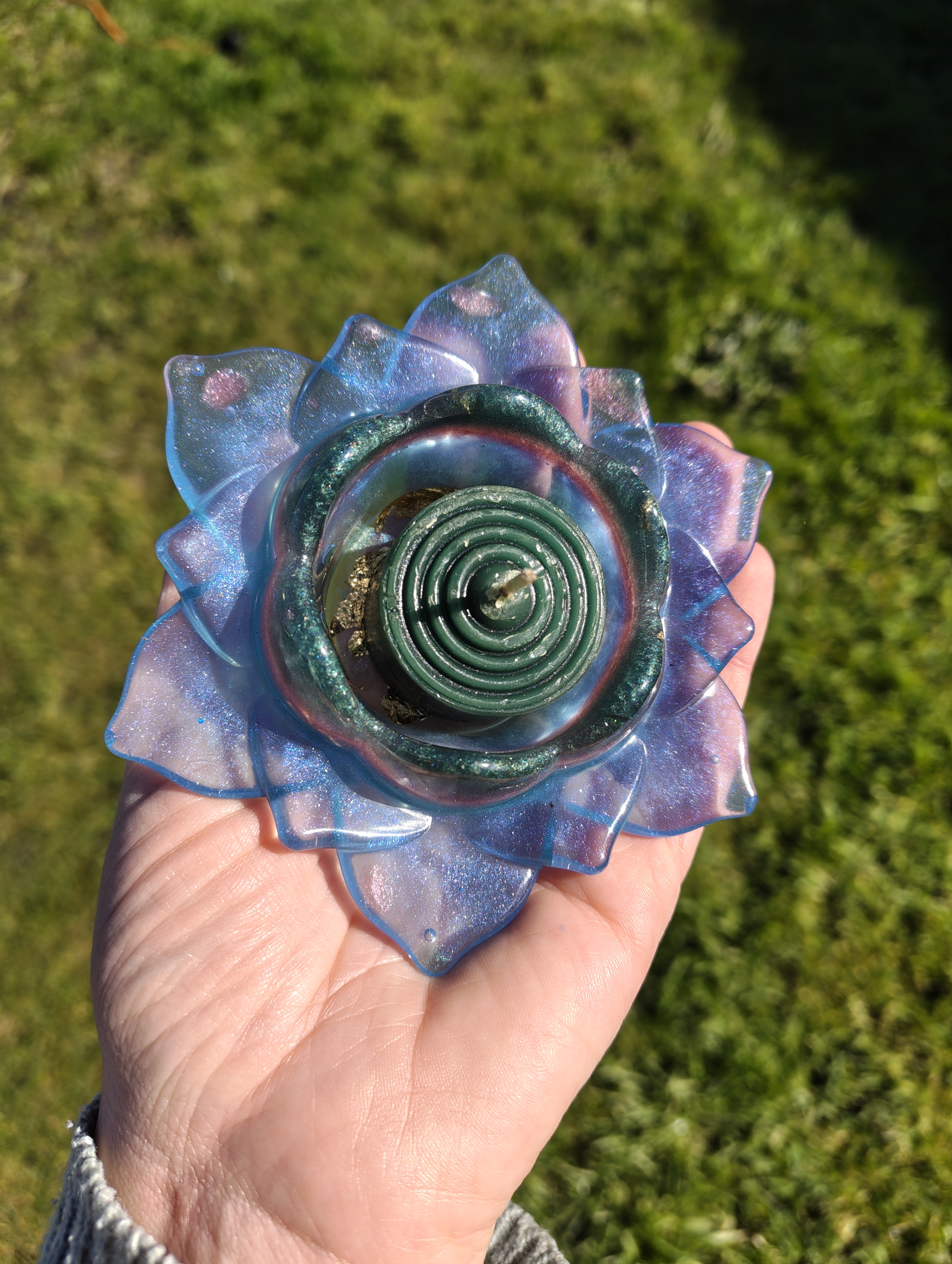 "Celestial Opal" Shimmering Opal Blue & Teal Resin Lotus Candle Holder