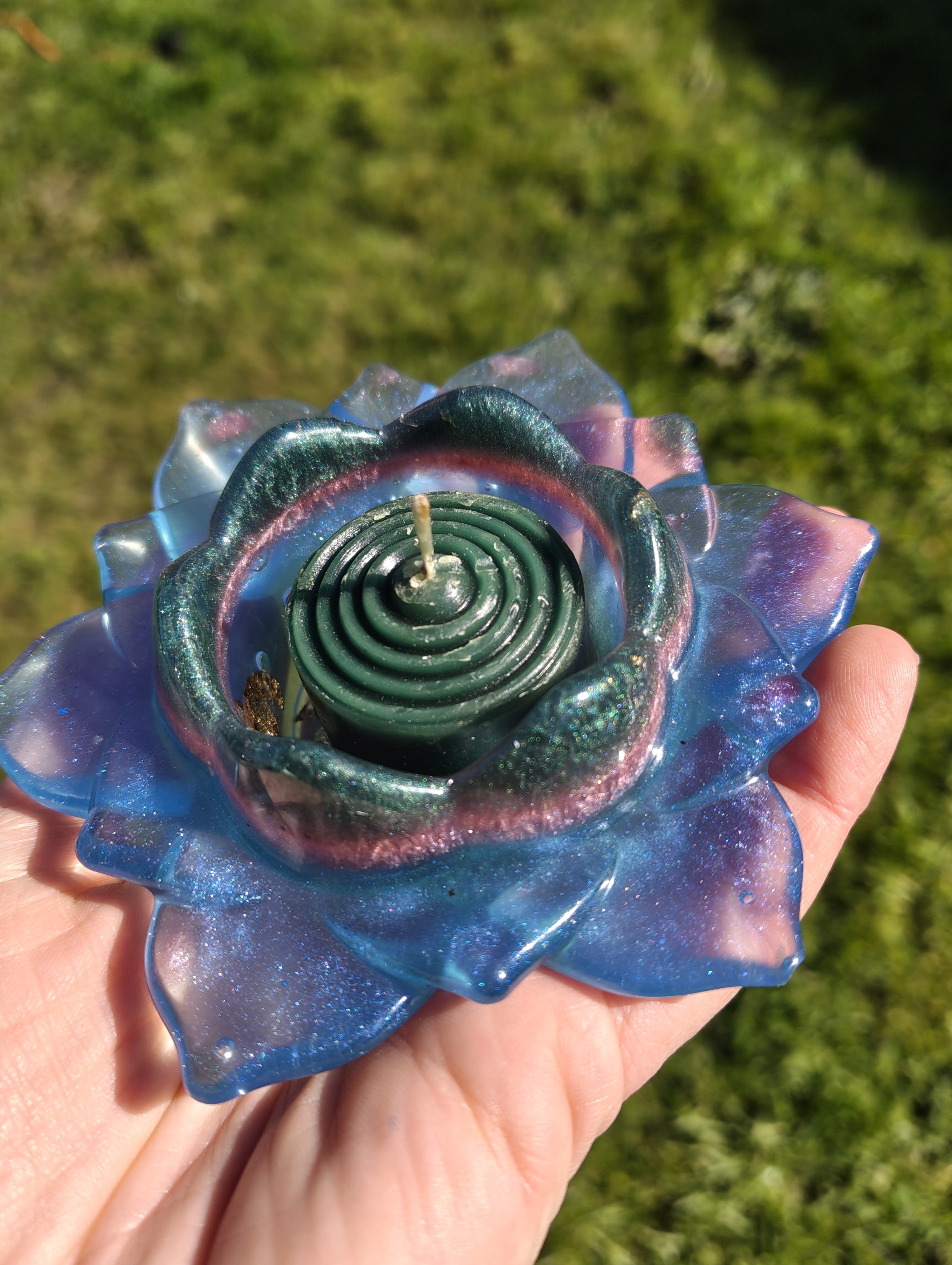 "Celestial Opal" Shimmering Opal Blue & Teal Resin Lotus Candle Holder
