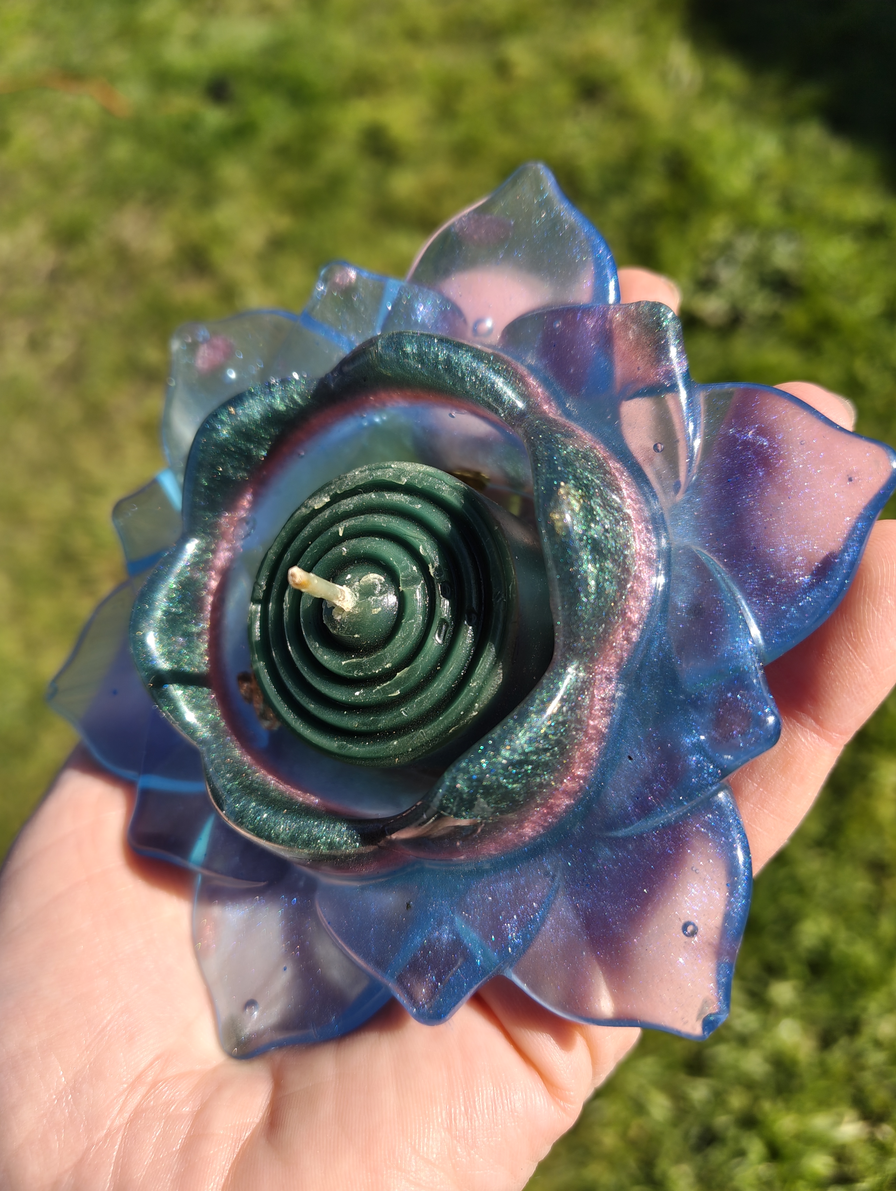 "Celestial Opal" Shimmering Opal Blue & Teal Resin Lotus Candle Holder