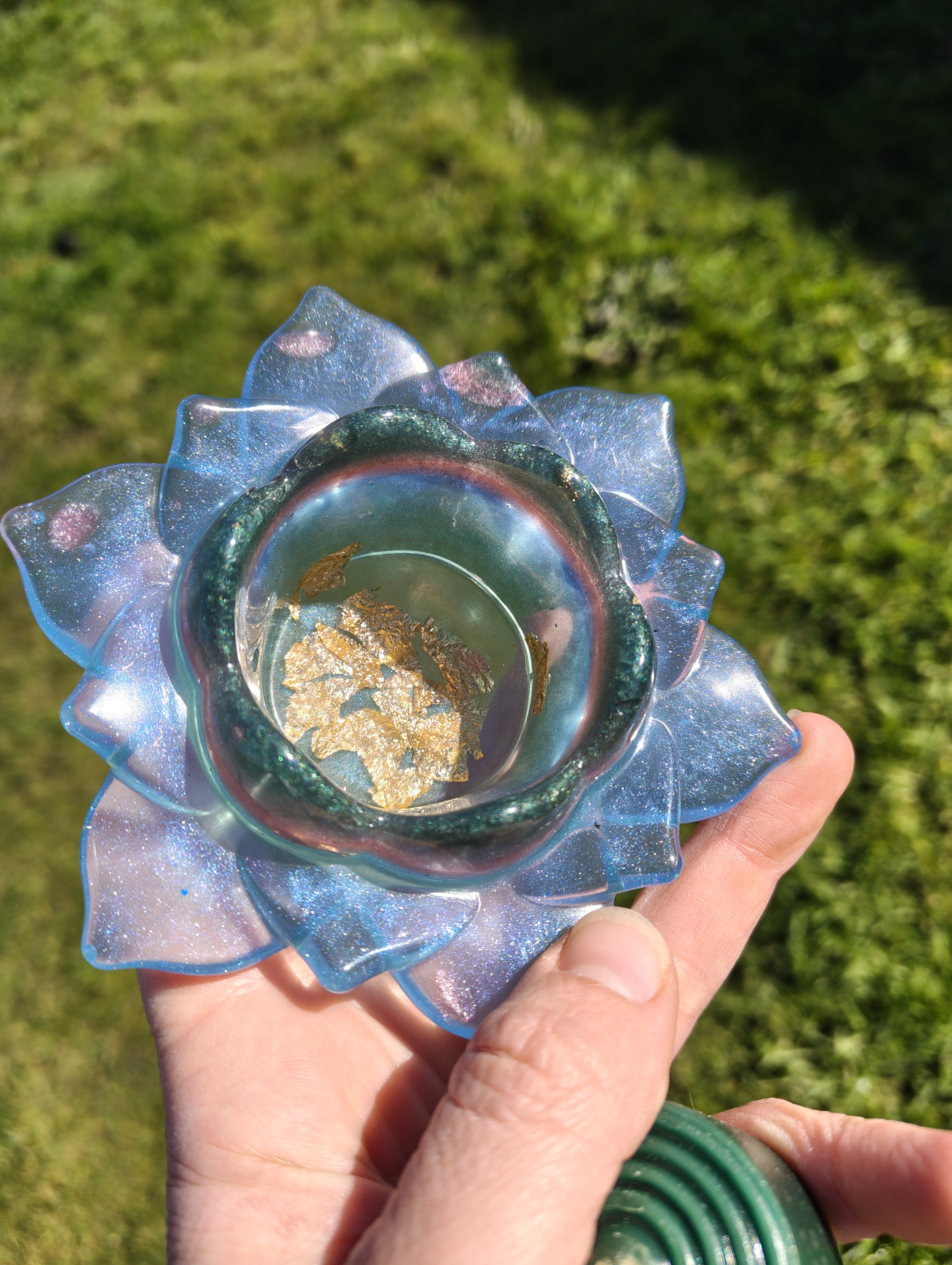 "Celestial Opal" Shimmering Opal Blue & Teal Resin Lotus Candle Holder