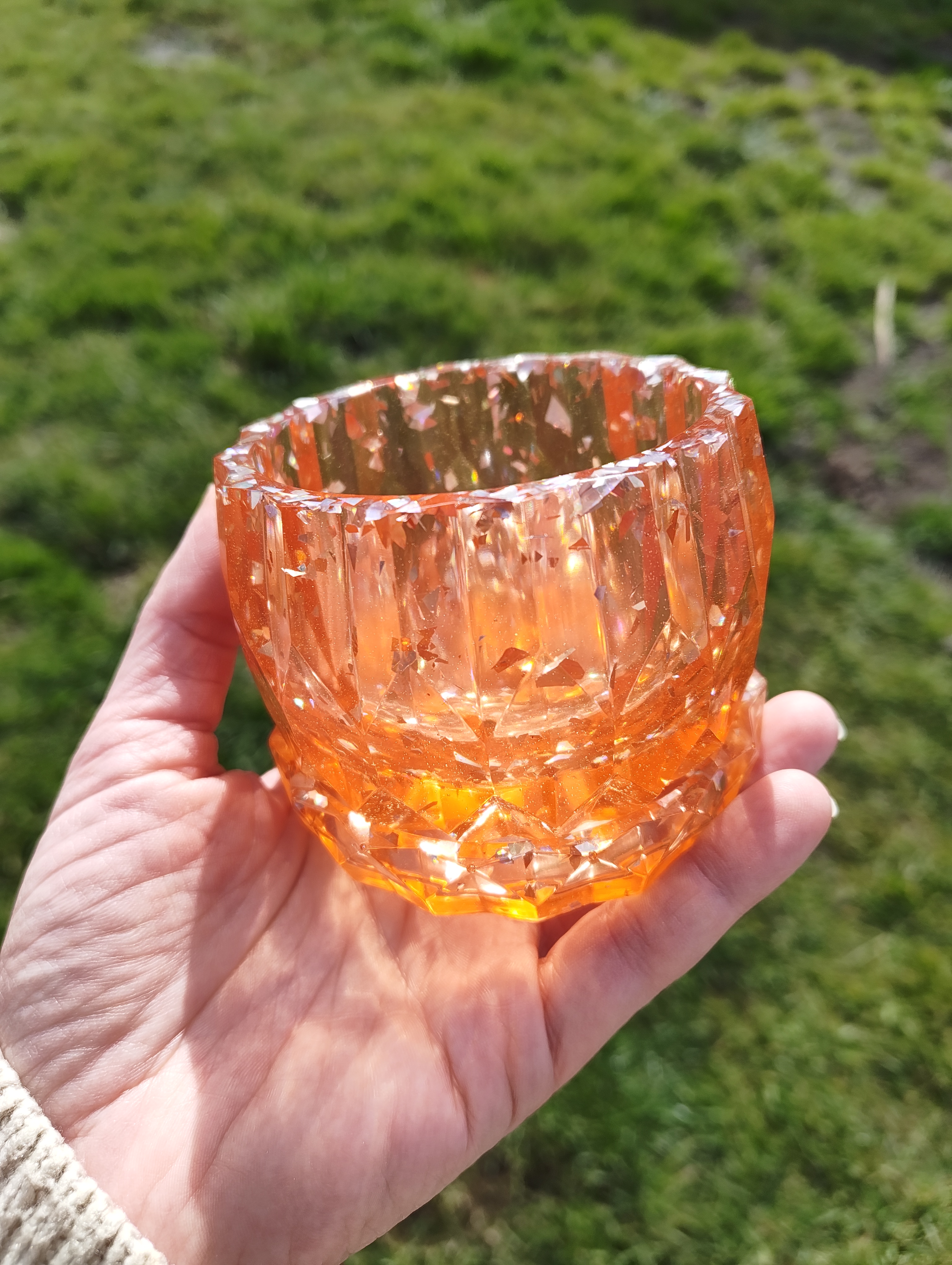 "Tangerine Crystal" Geometric Planter & Drip Tray Set