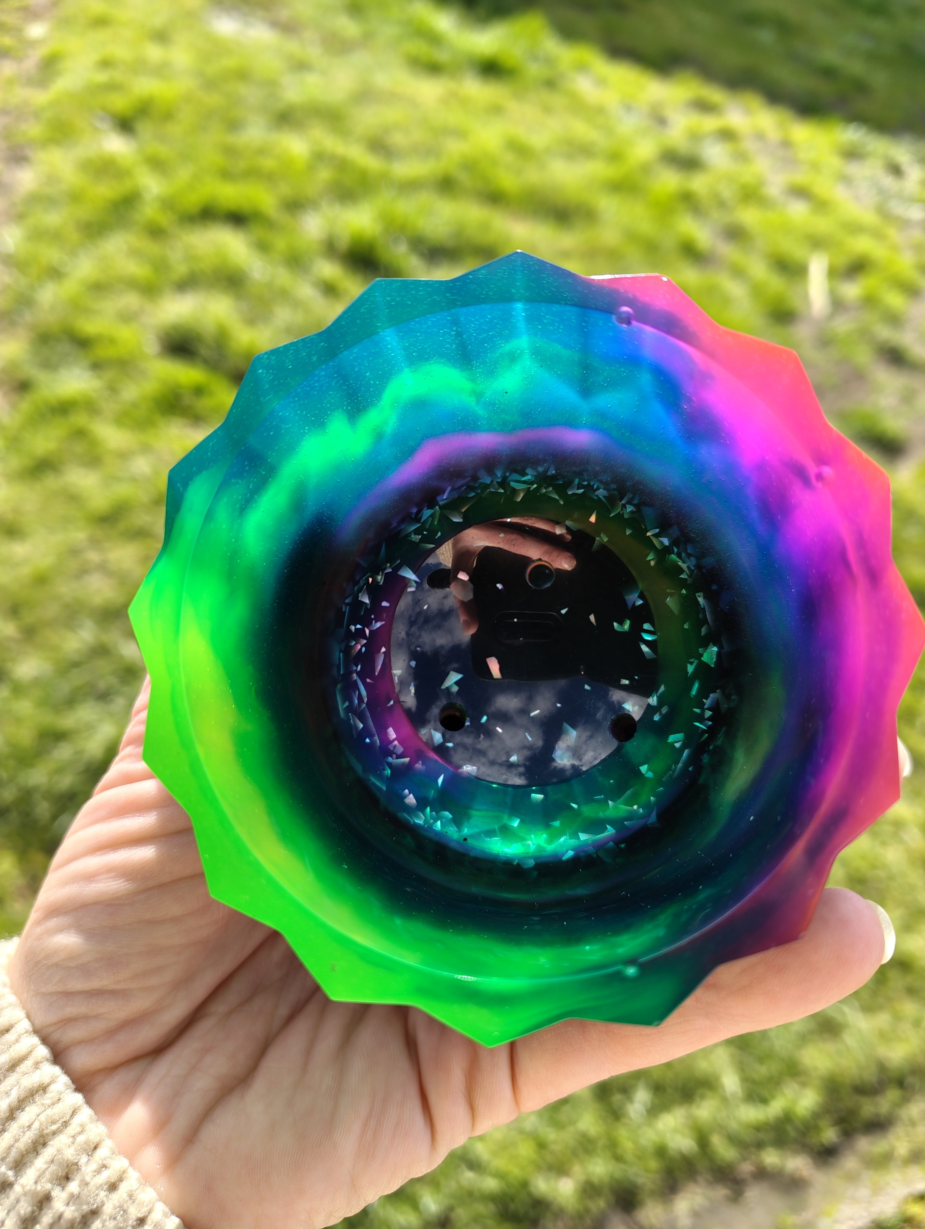 "Northern Lights" Aurora Neon Green & Magenta Geometric Resin Mini Planter Pot & Tray Set
