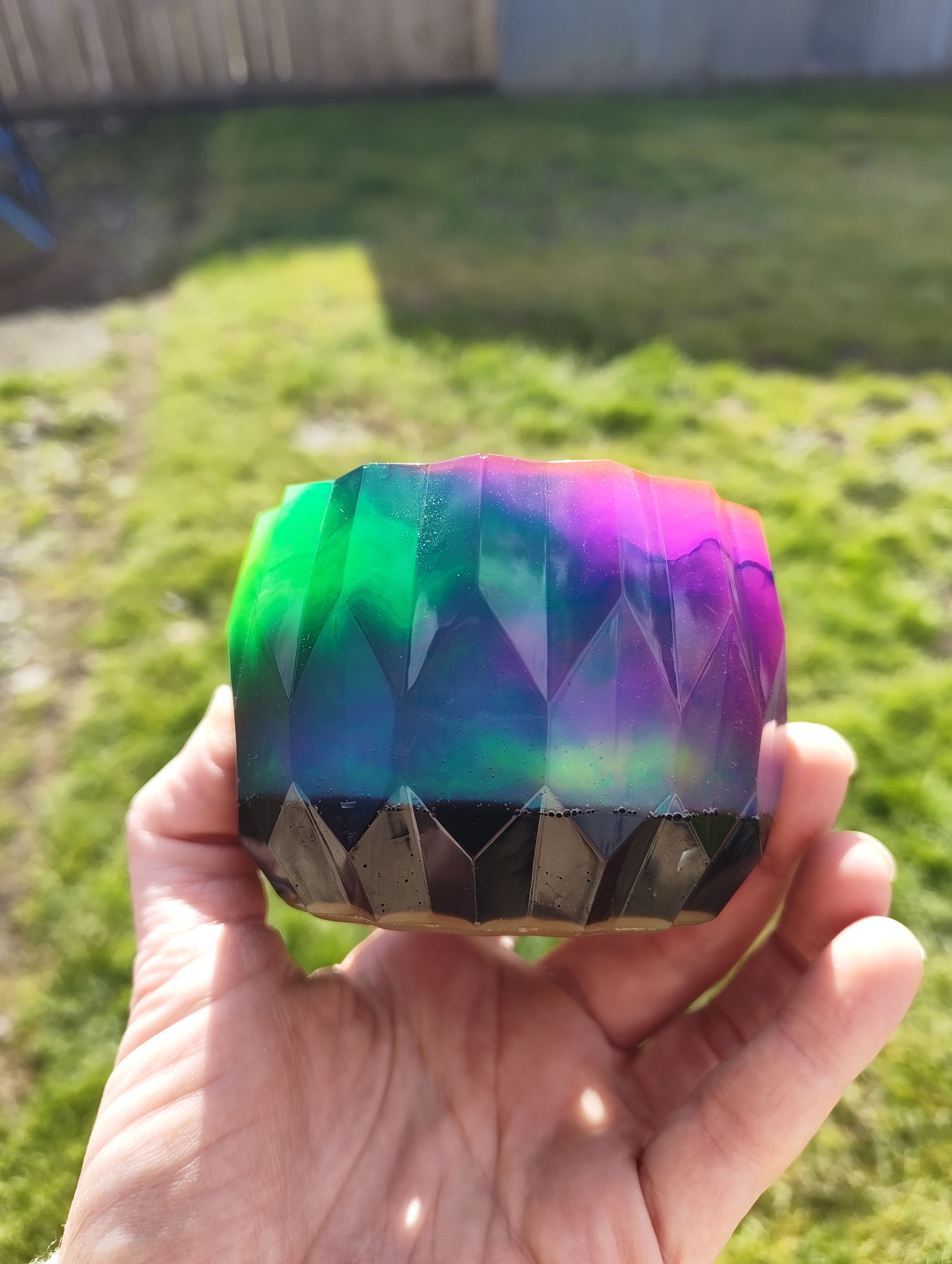 "Northern Lights" Aurora Neon Green & Magenta Geometric Resin Mini Planter Pot & Tray Set