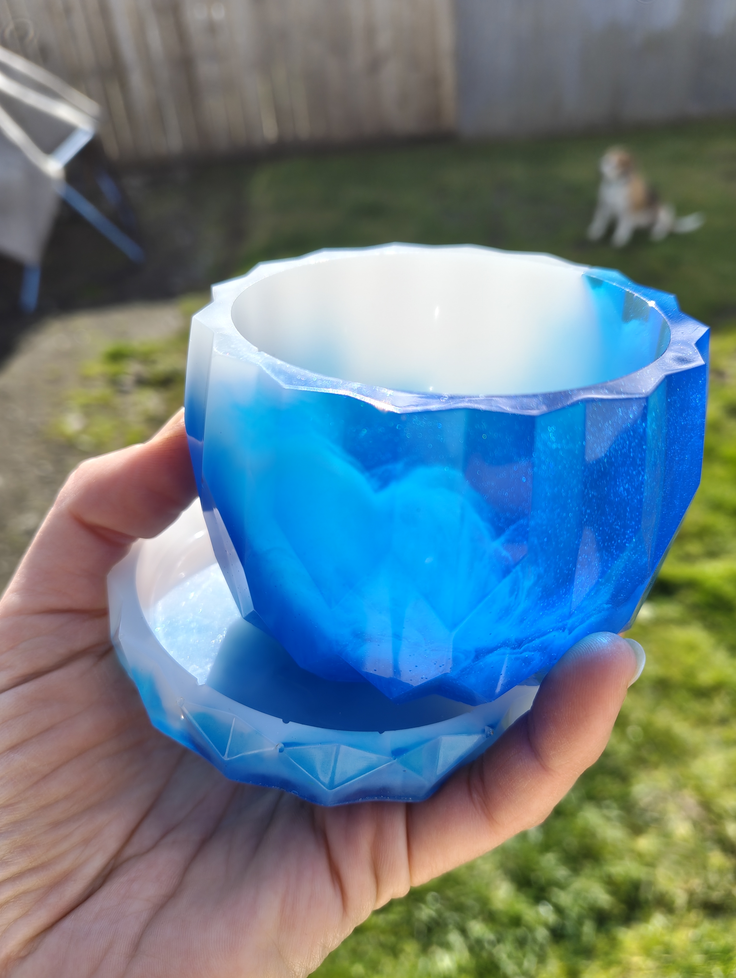 "Arctic Glacier" Frost White & Ice Blue Geometric Resin Mini Planter Pot & Tray Set