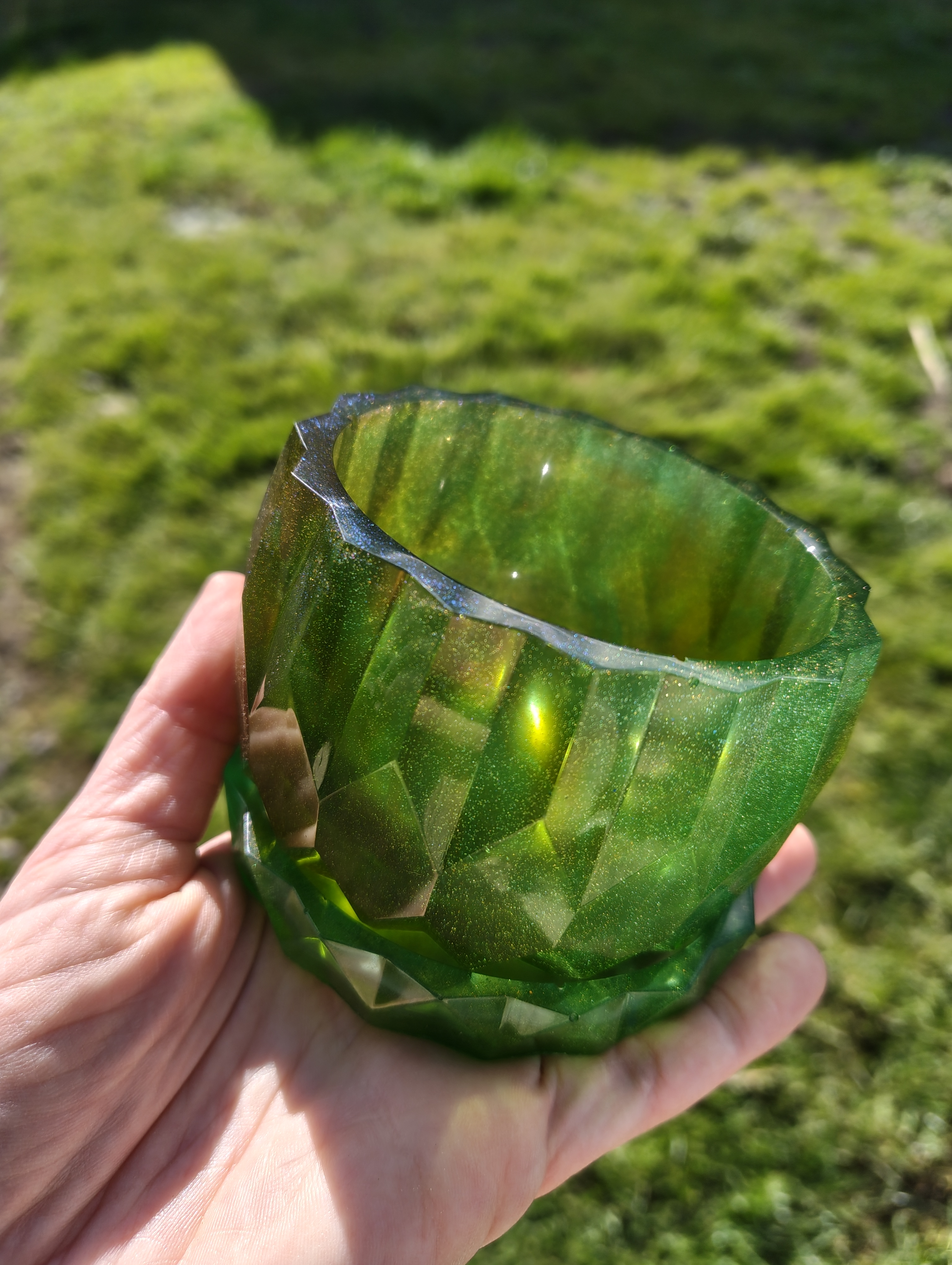 "Emerald Jade" Forest Green & Gold Shimmer Geometric Resin Mini Planter Pot & Tray Set