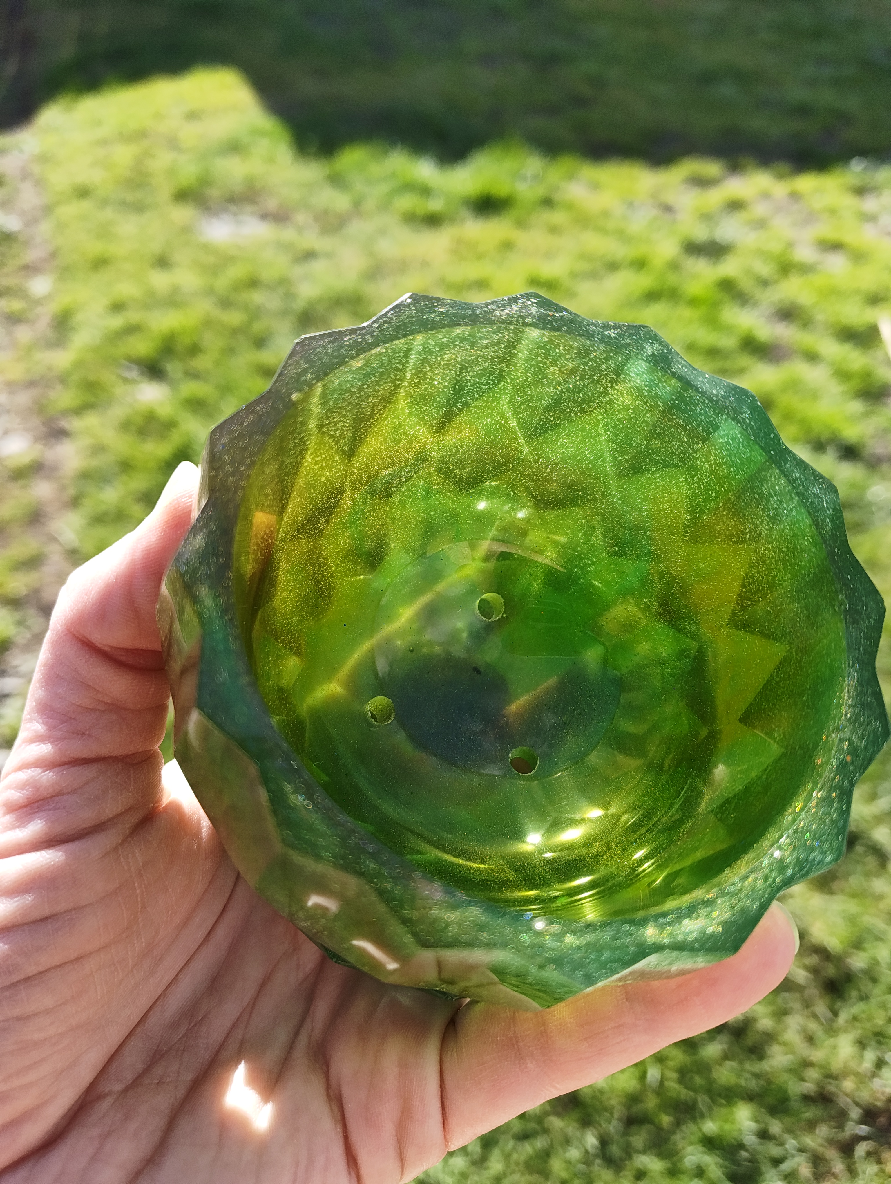 "Emerald Jade" Forest Green & Gold Shimmer Geometric Resin Mini Planter Pot & Tray Set