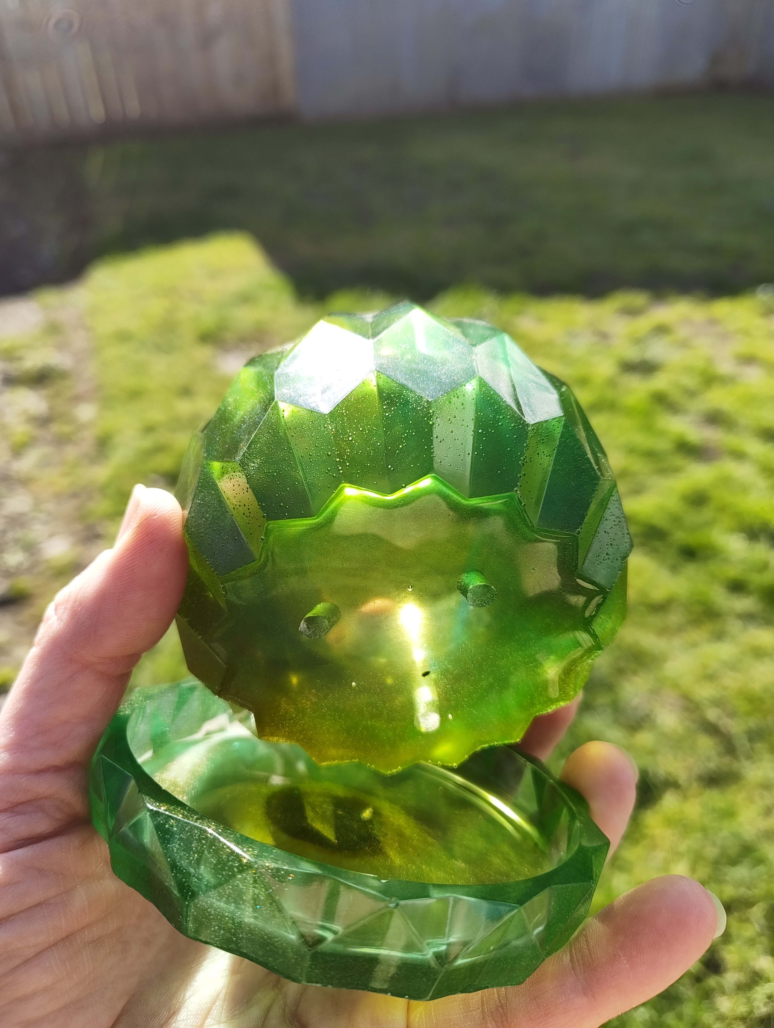 "Emerald Jade" Forest Green & Gold Shimmer Geometric Resin Mini Planter Pot & Tray Set
