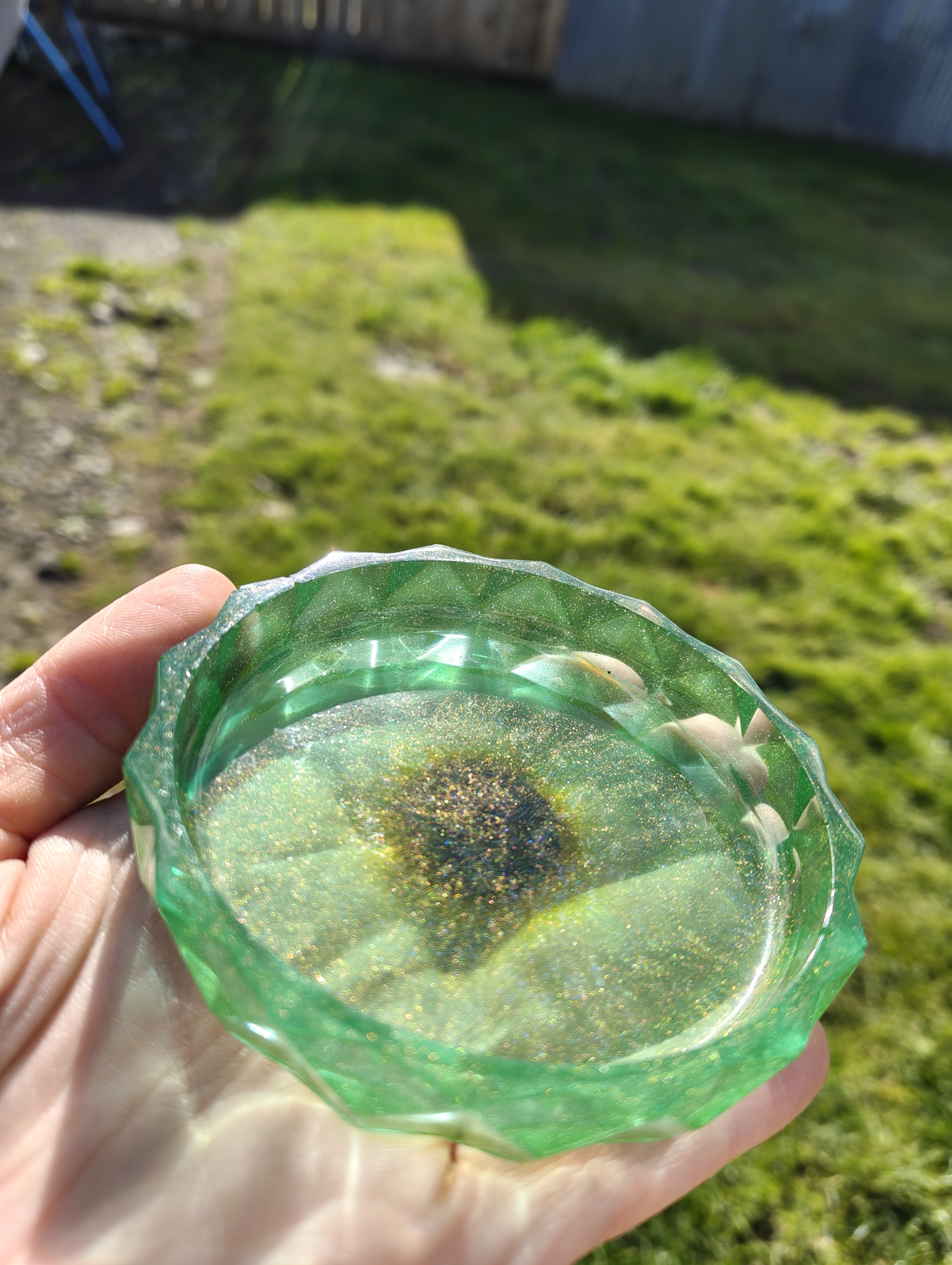 "Emerald Jade" Forest Green & Gold Shimmer Geometric Resin Mini Planter Pot & Tray Set