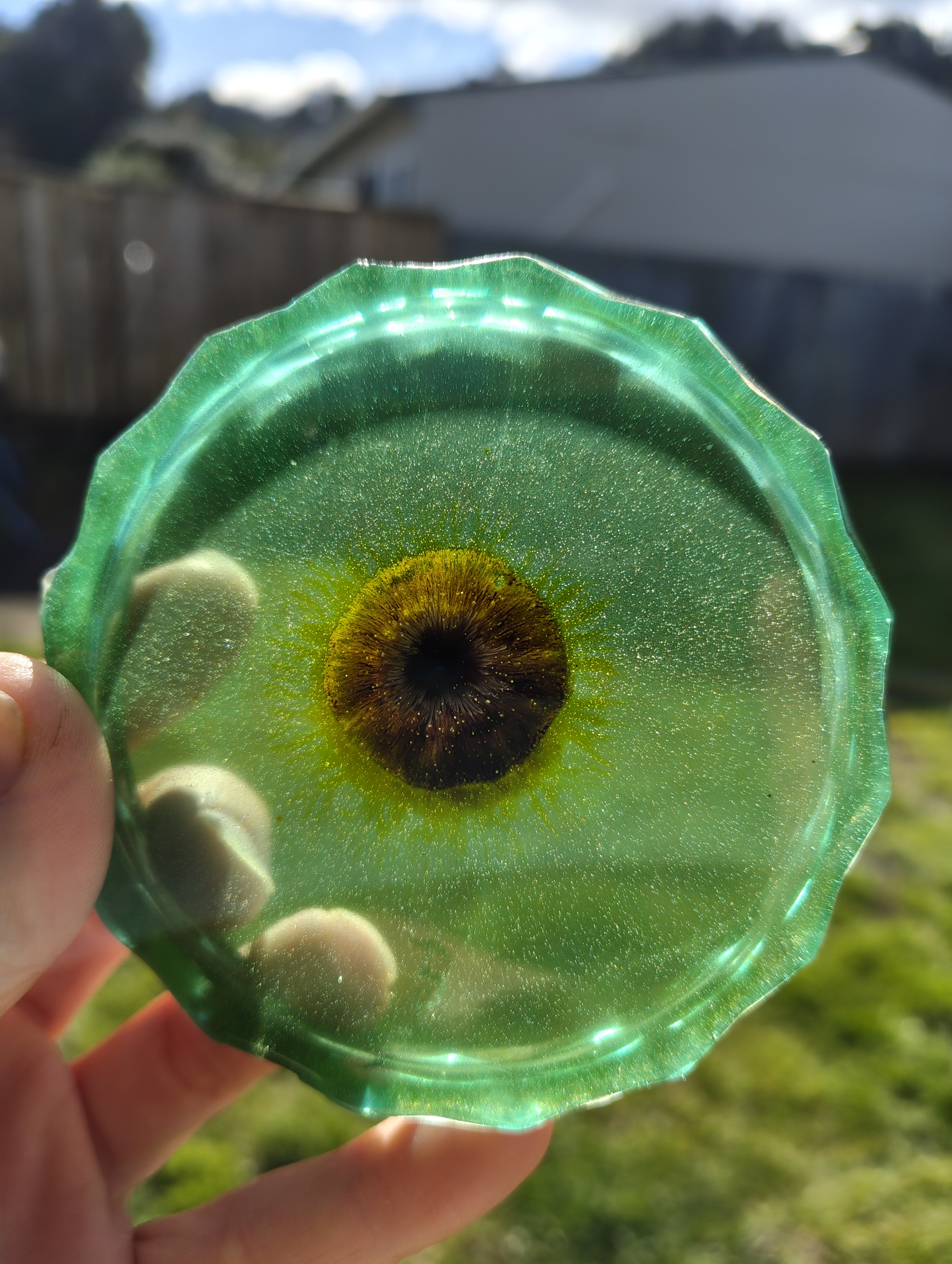 "Emerald Jade" Forest Green & Gold Shimmer Geometric Resin Mini Planter Pot & Tray Set