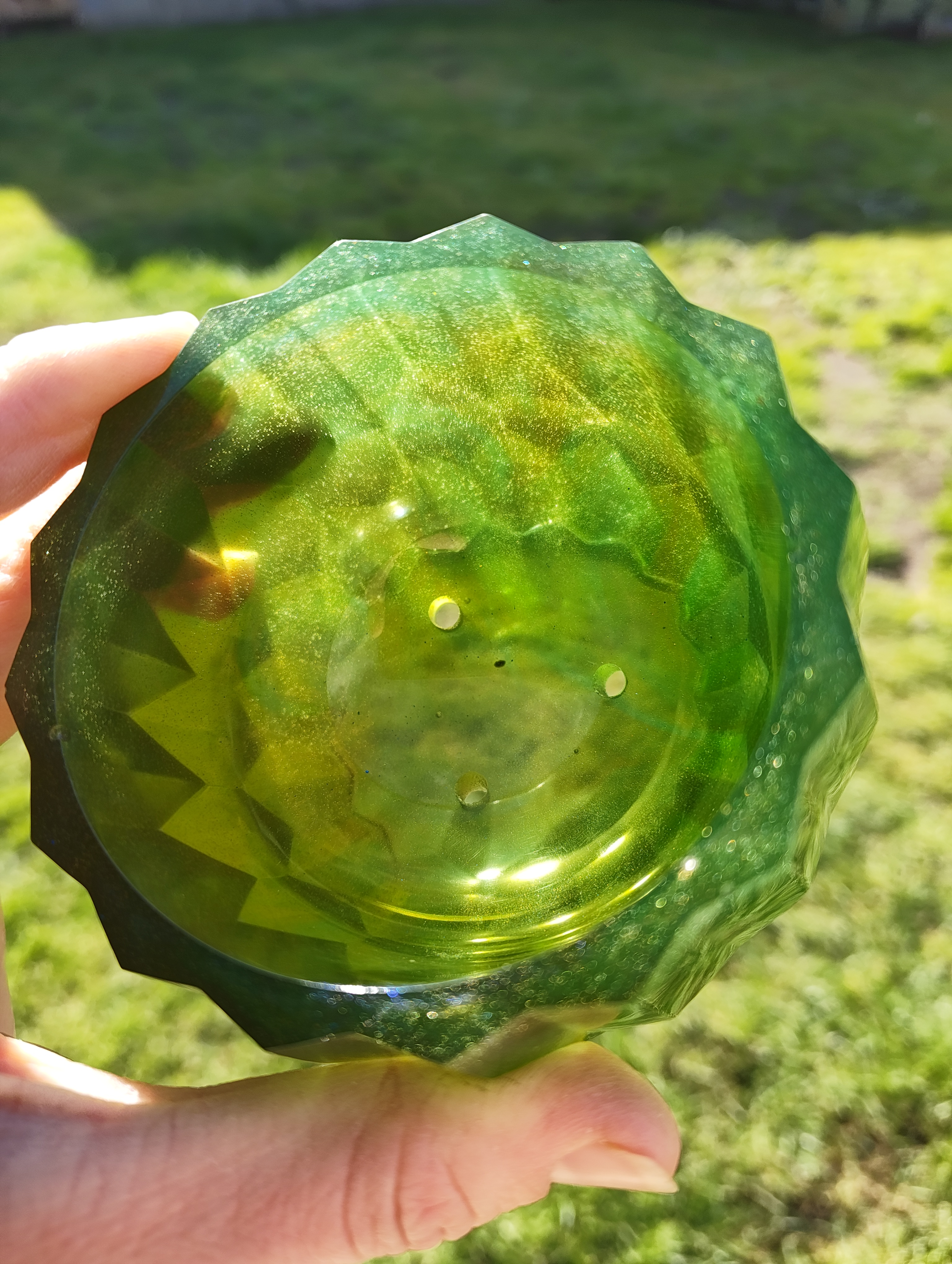 "Emerald Jade" Forest Green & Gold Shimmer Geometric Resin Mini Planter Pot & Tray Set