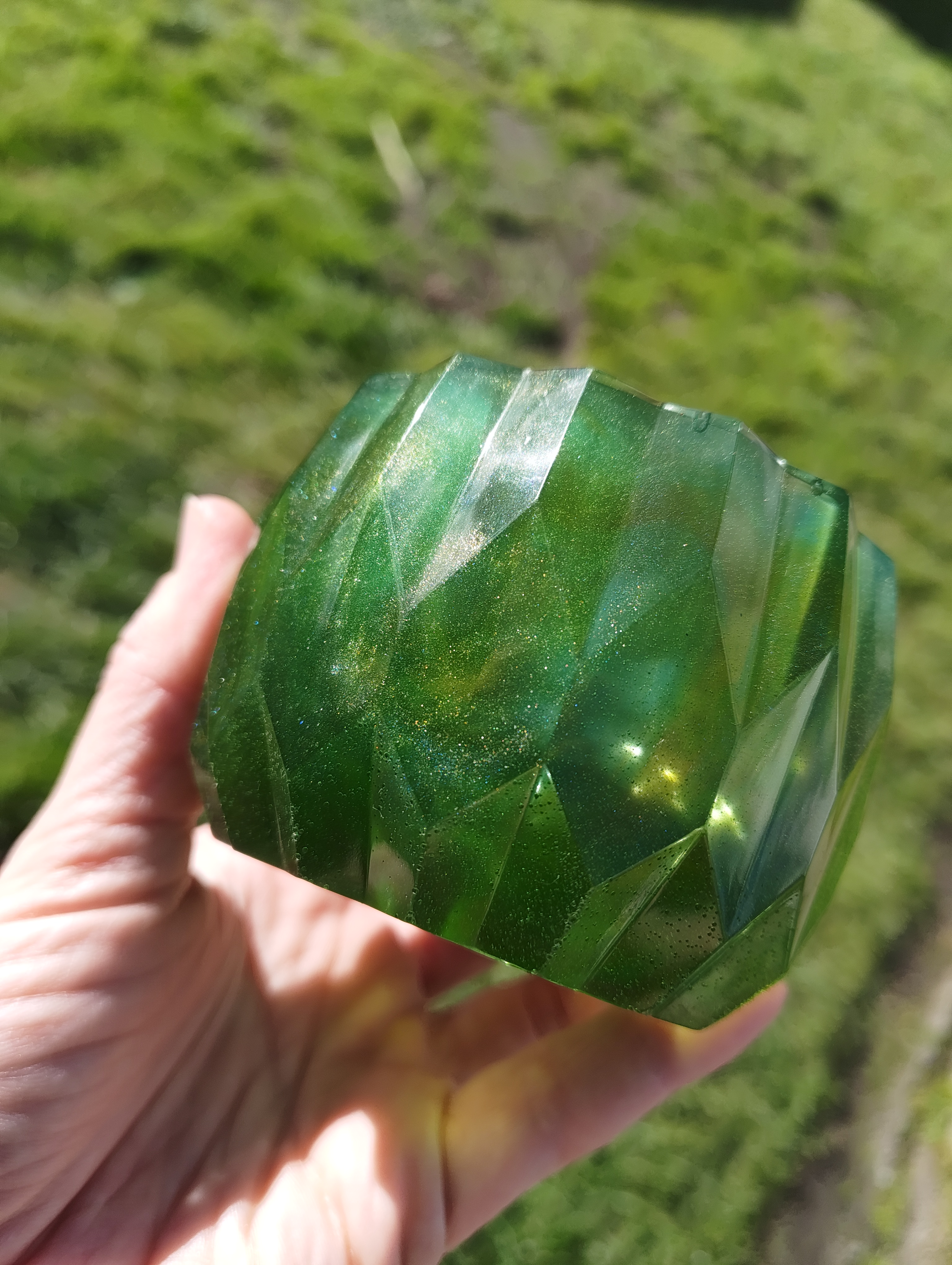 "Emerald Jade" Forest Green & Gold Shimmer Geometric Resin Mini Planter Pot & Tray Set