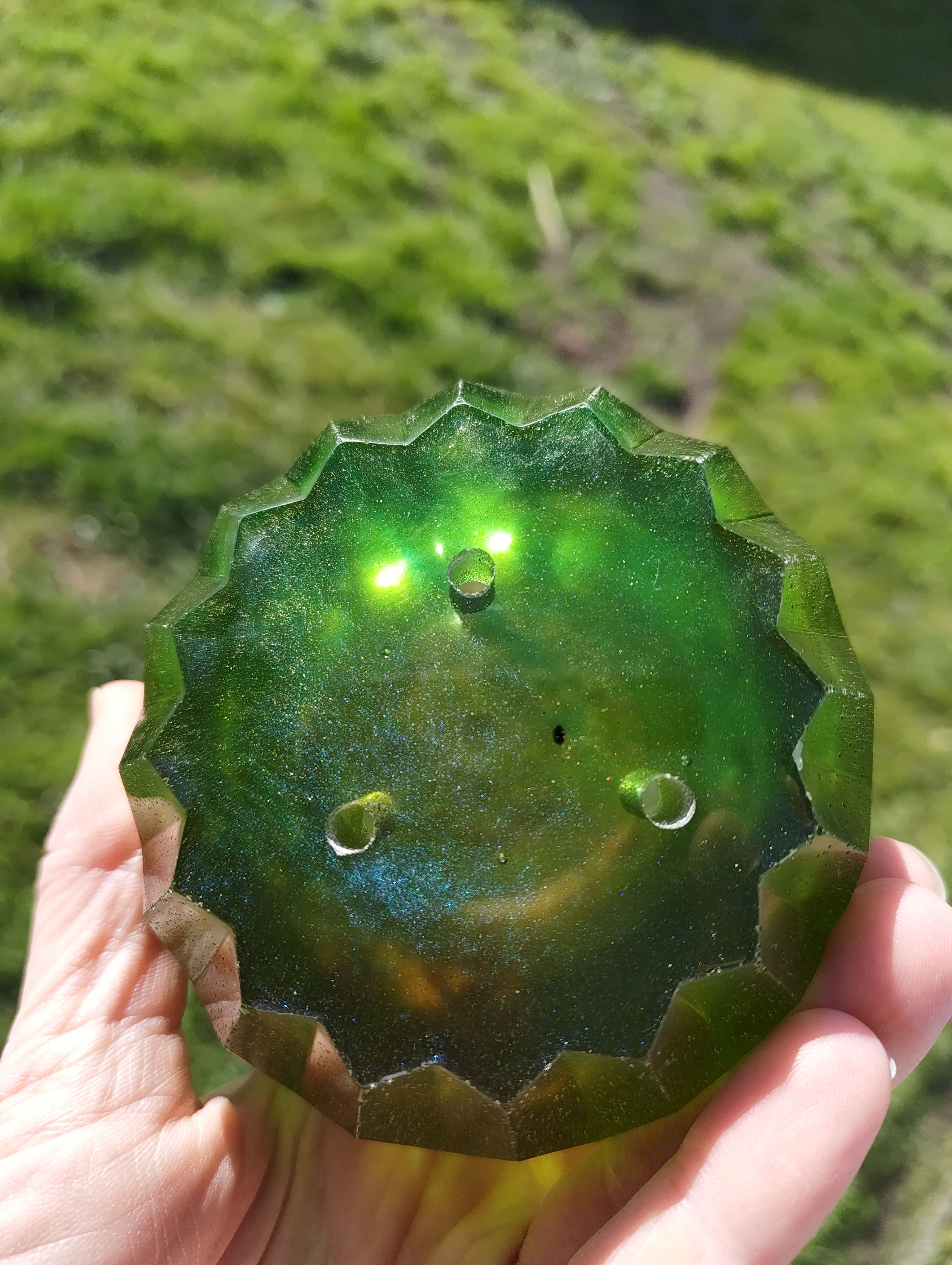 "Emerald Jade" Forest Green & Gold Shimmer Geometric Resin Mini Planter Pot & Tray Set