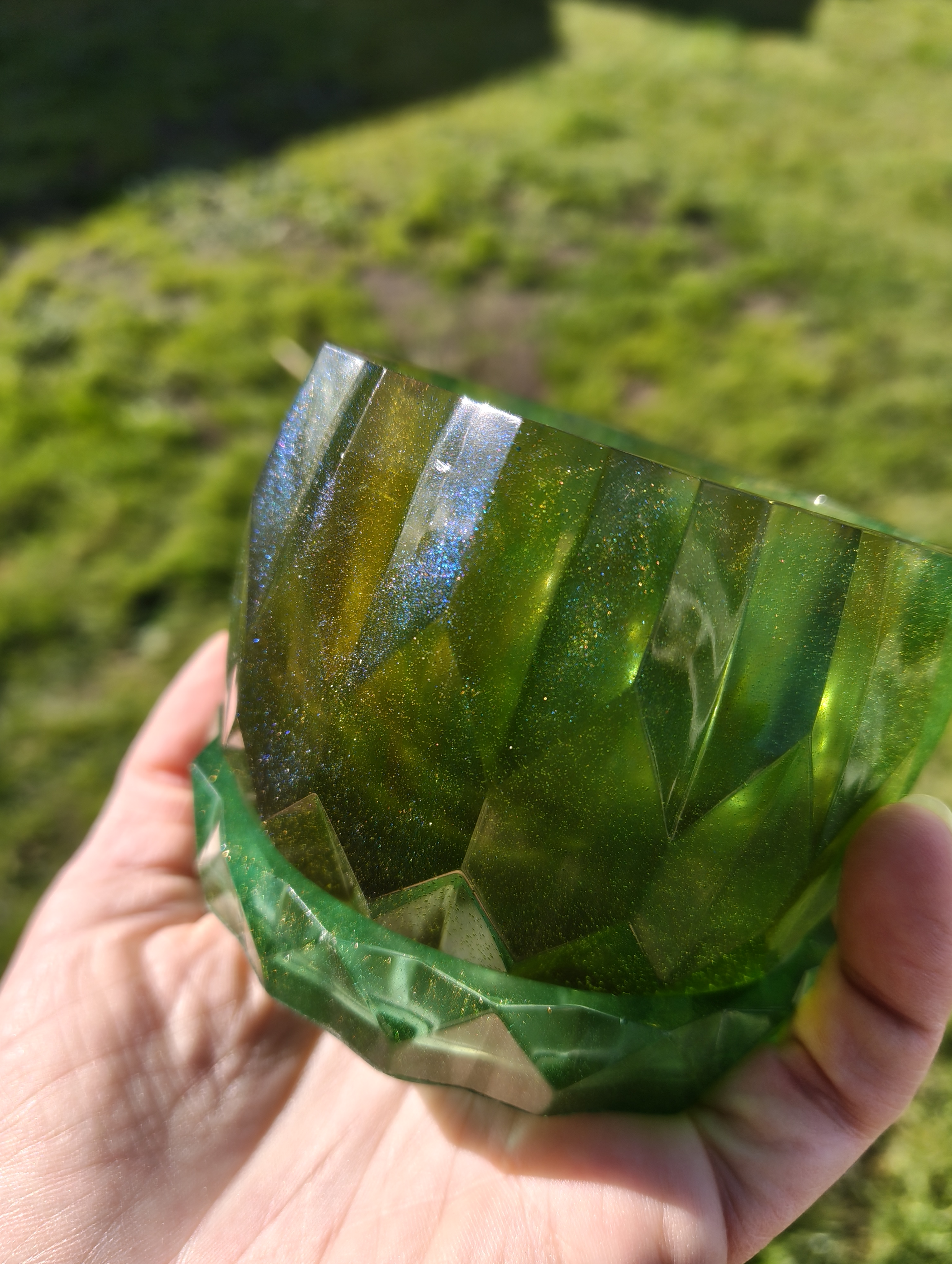 "Emerald Jade" Forest Green & Gold Shimmer Geometric Resin Mini Planter Pot & Tray Set
