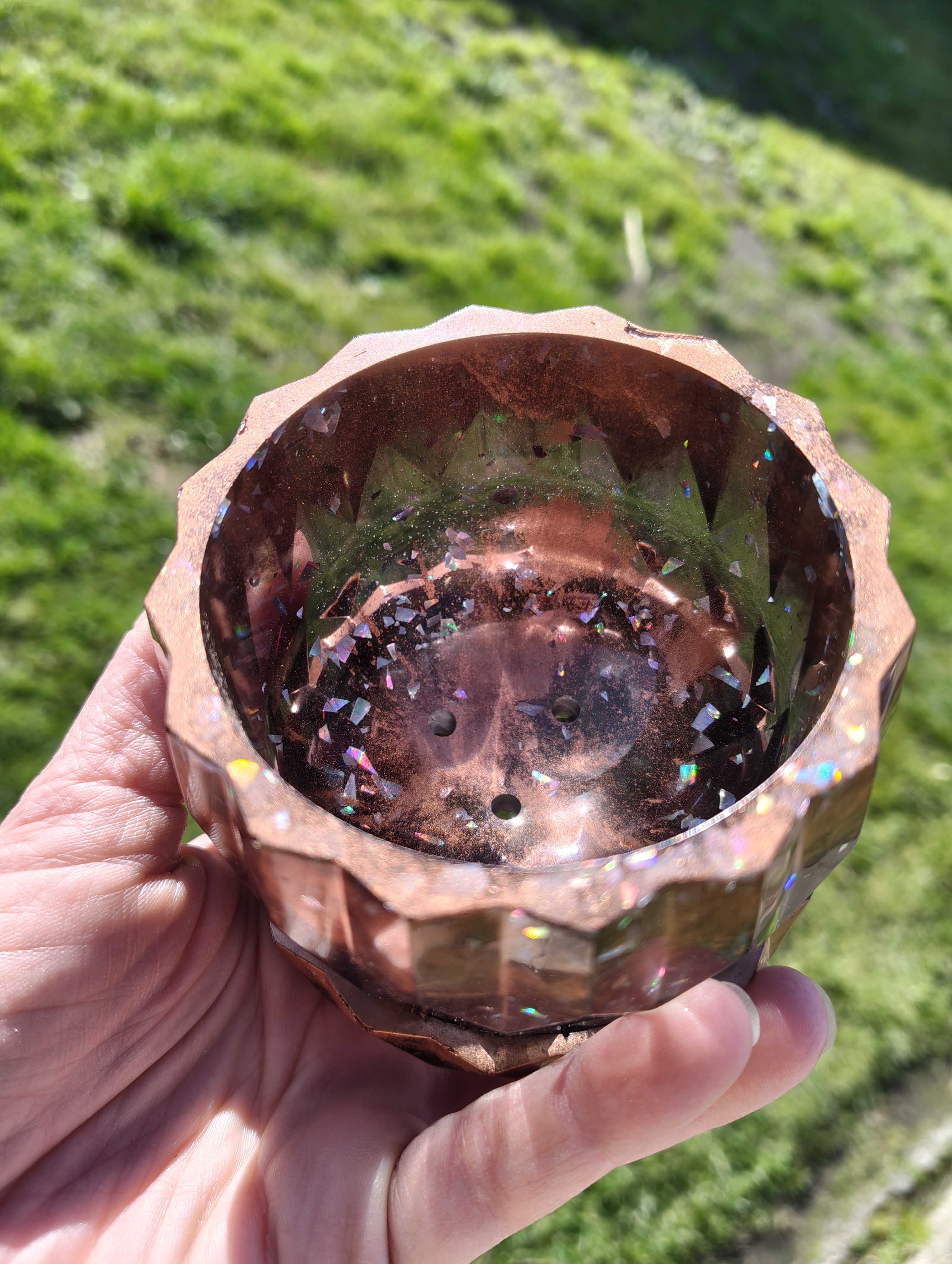 "Copper Ember" Metallic Rose Bronze & Holographic Geometric Resin Mini Planter Pot & Tray Set