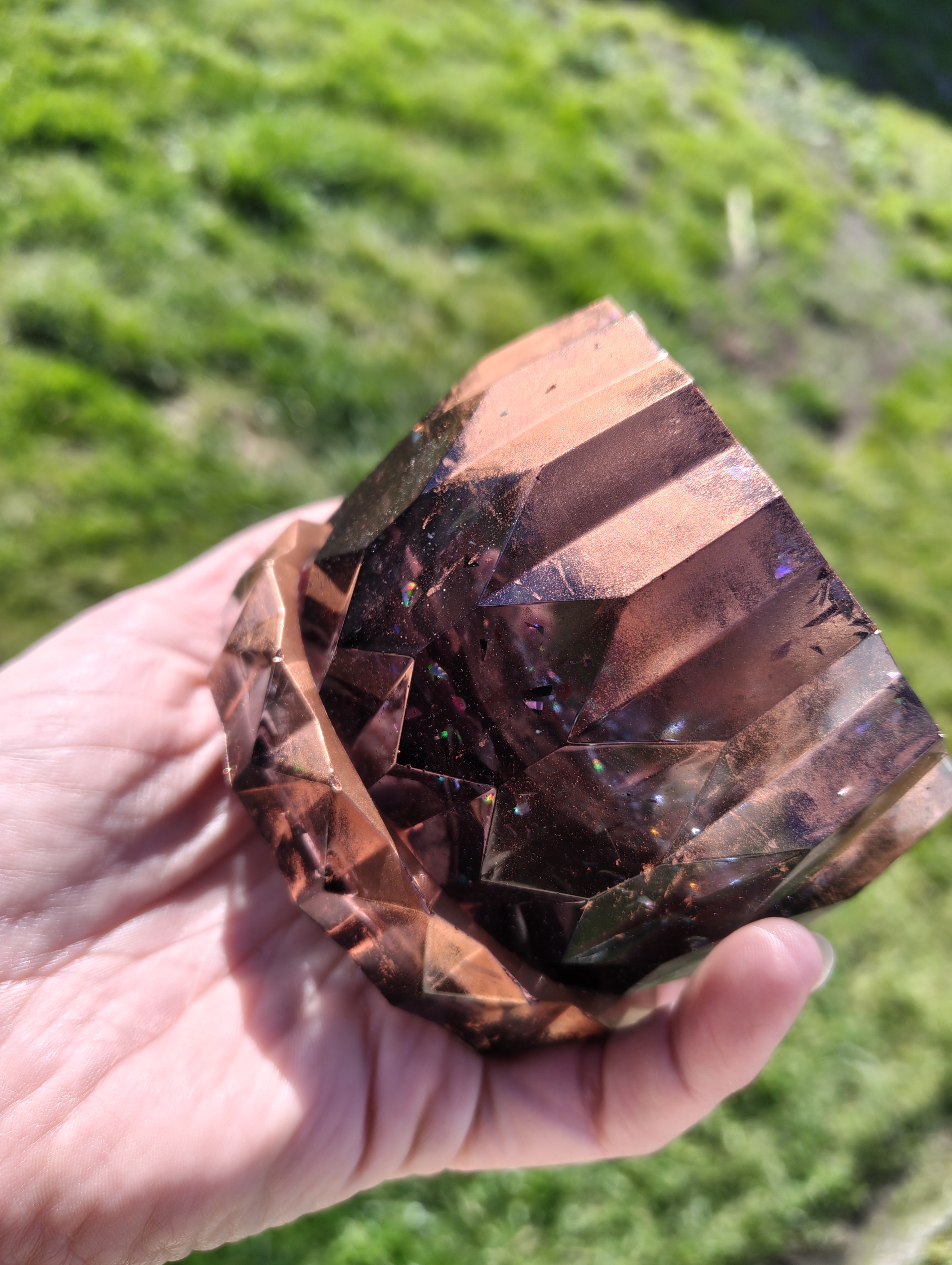 "Copper Ember" Metallic Rose Bronze & Holographic Geometric Resin Mini Planter Pot & Tray Set