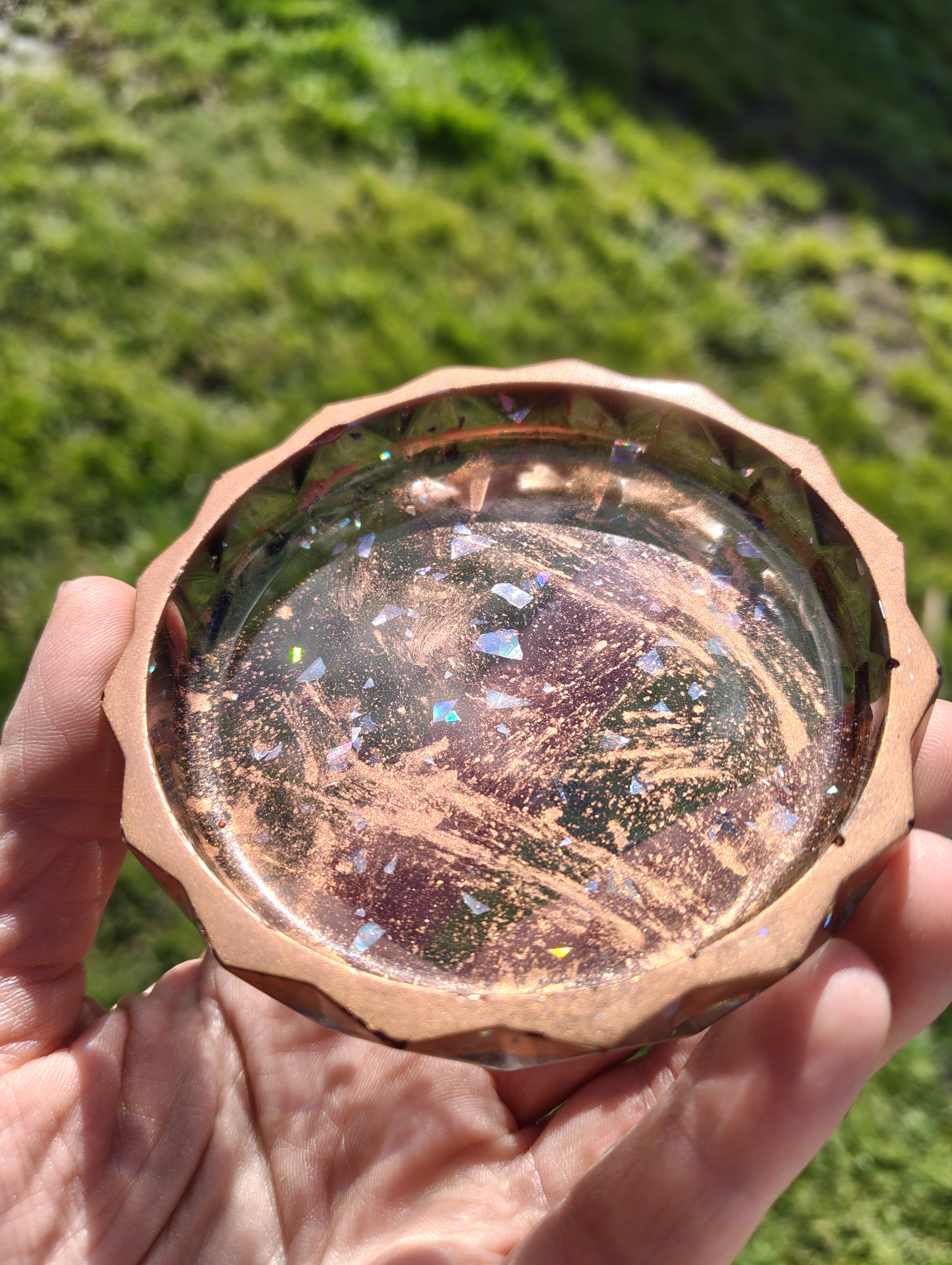 "Copper Ember" Metallic Rose Bronze & Holographic Geometric Resin Mini Planter Pot & Tray Set