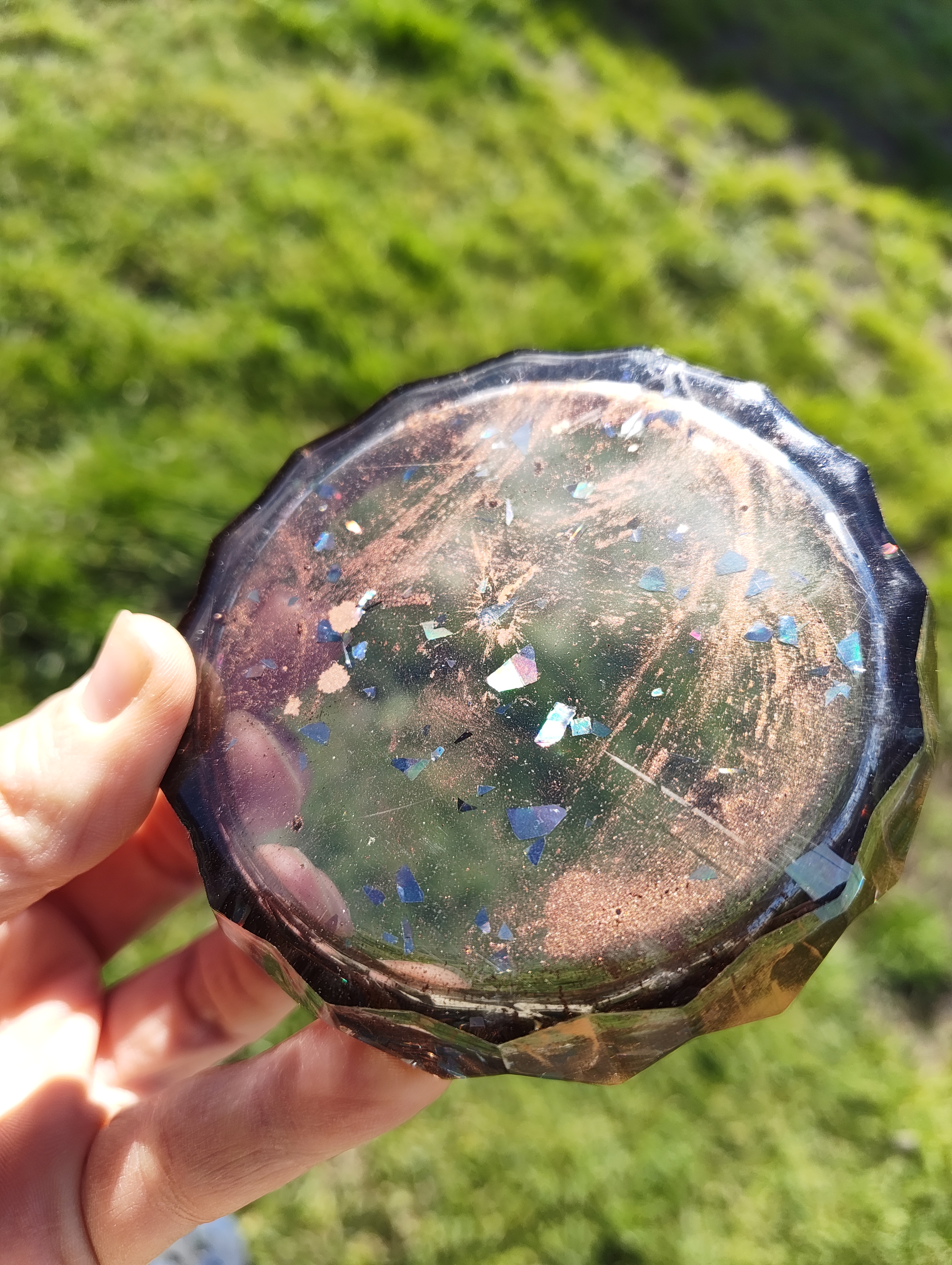 "Copper Ember" Metallic Rose Bronze & Holographic Geometric Resin Mini Planter Pot & Tray Set