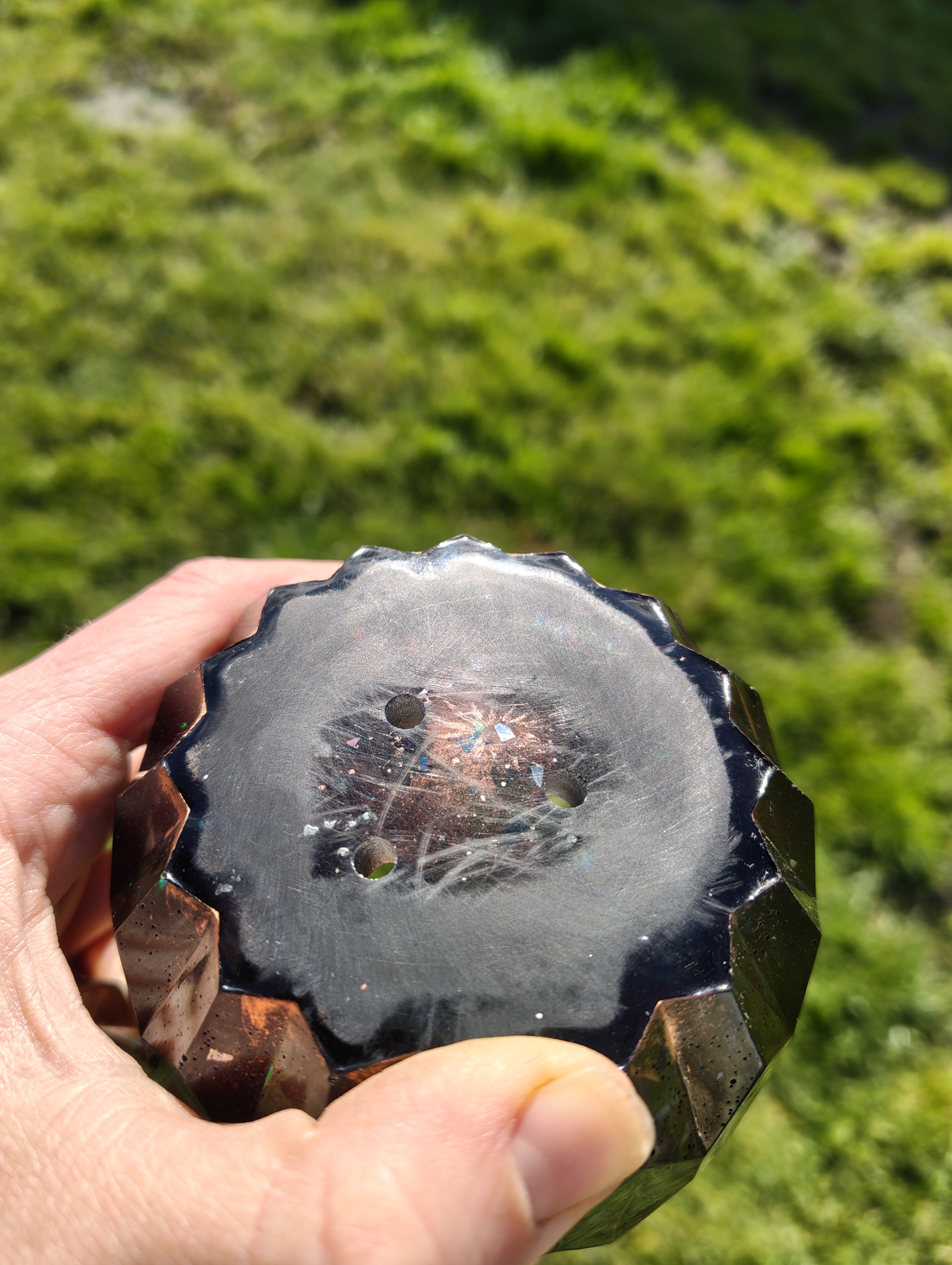"Copper Ember" Metallic Rose Bronze & Holographic Geometric Resin Mini Planter Pot & Tray Set