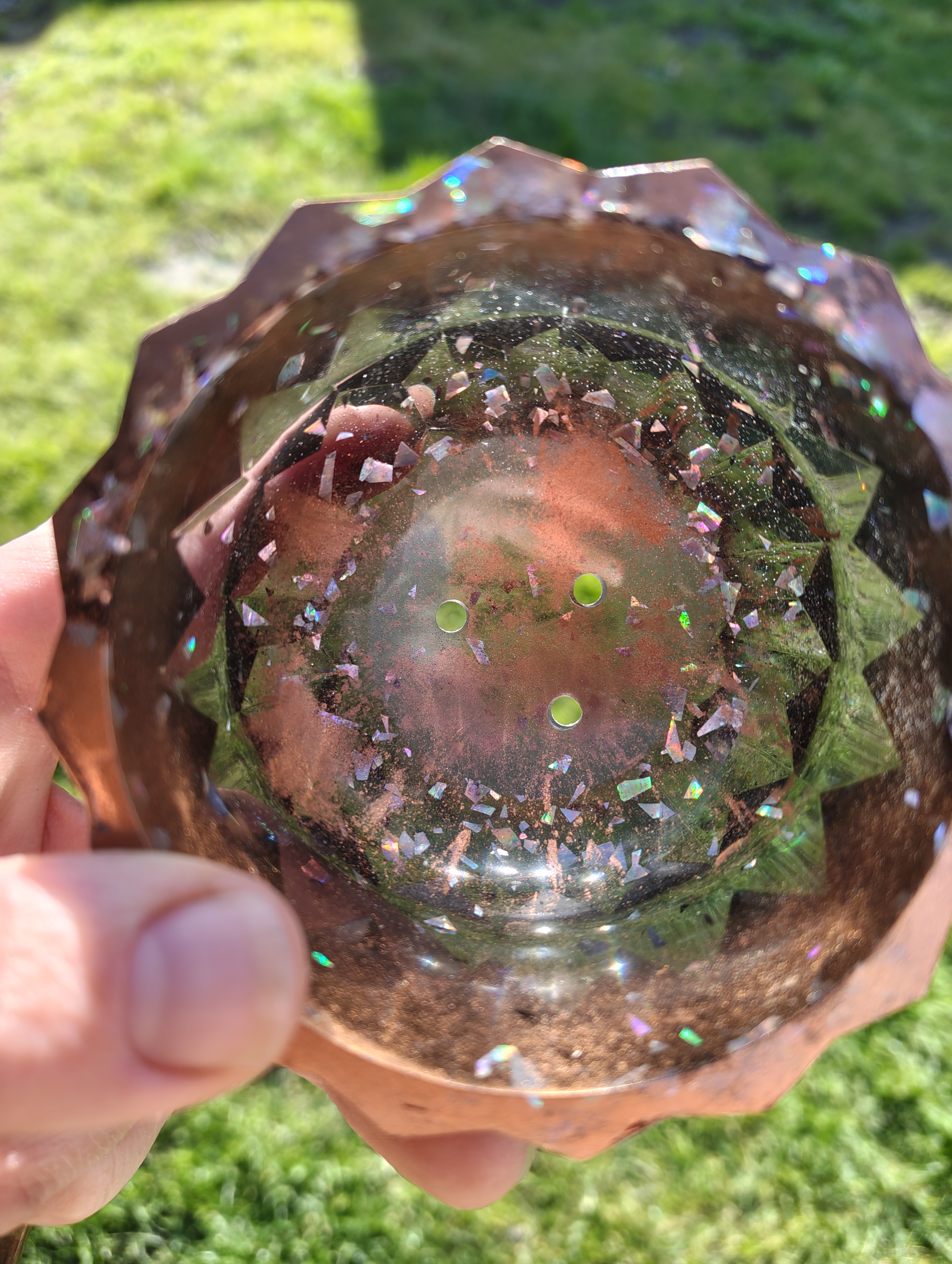 "Copper Ember" Metallic Rose Bronze & Holographic Geometric Resin Mini Planter Pot & Tray Set