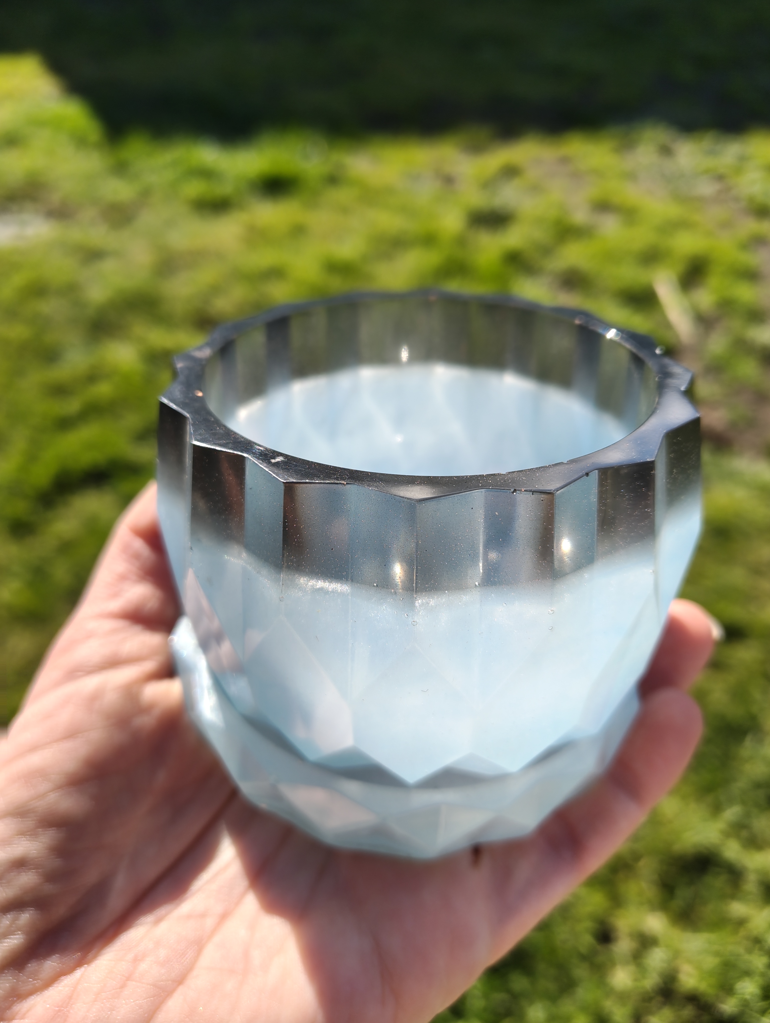 "Icy Summit" Pearlescent Blue & Smoke Geometric Planter & Tray Set