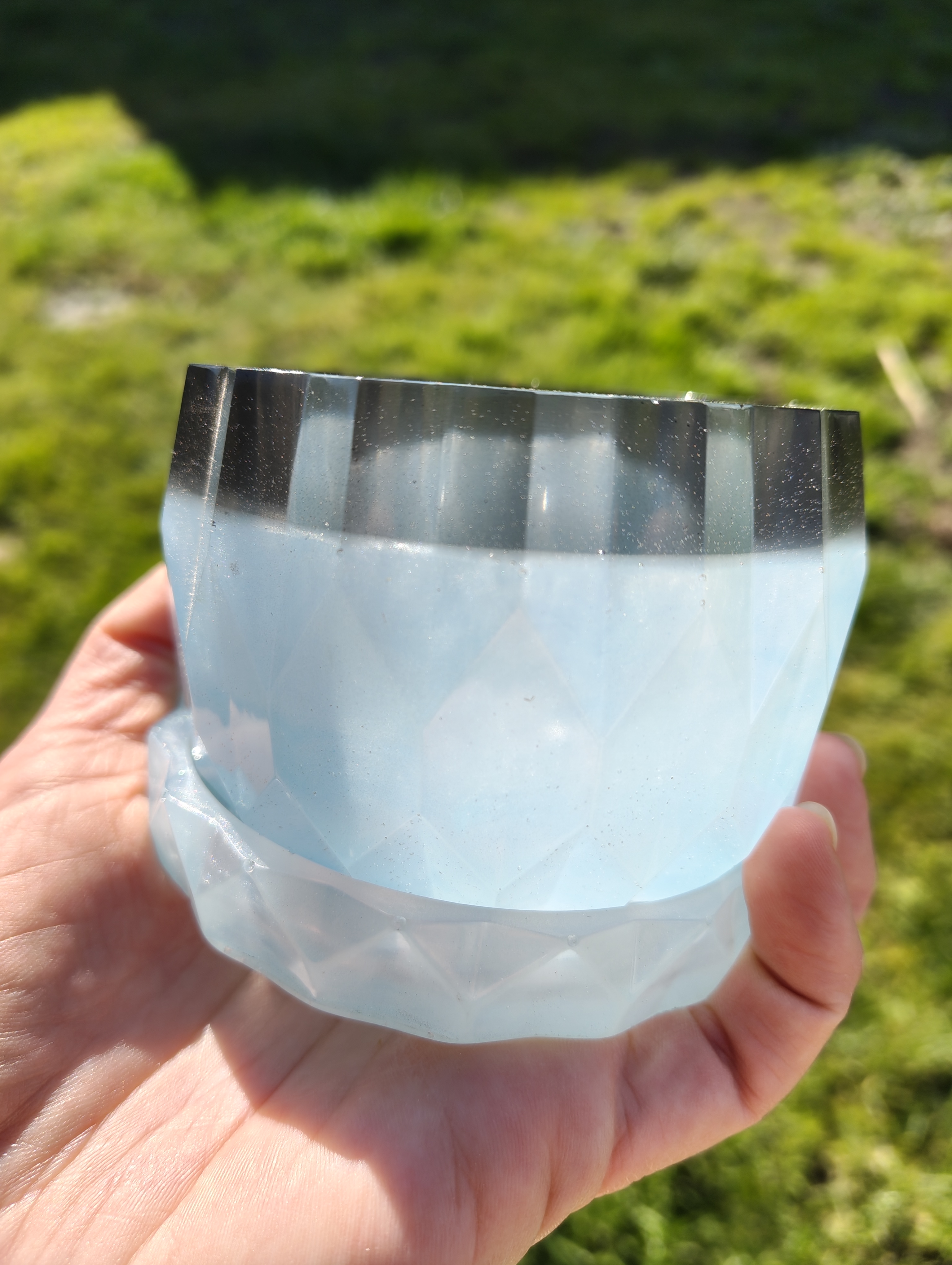 "Icy Summit" Pearlescent Blue & Smoke Geometric Planter & Tray Set