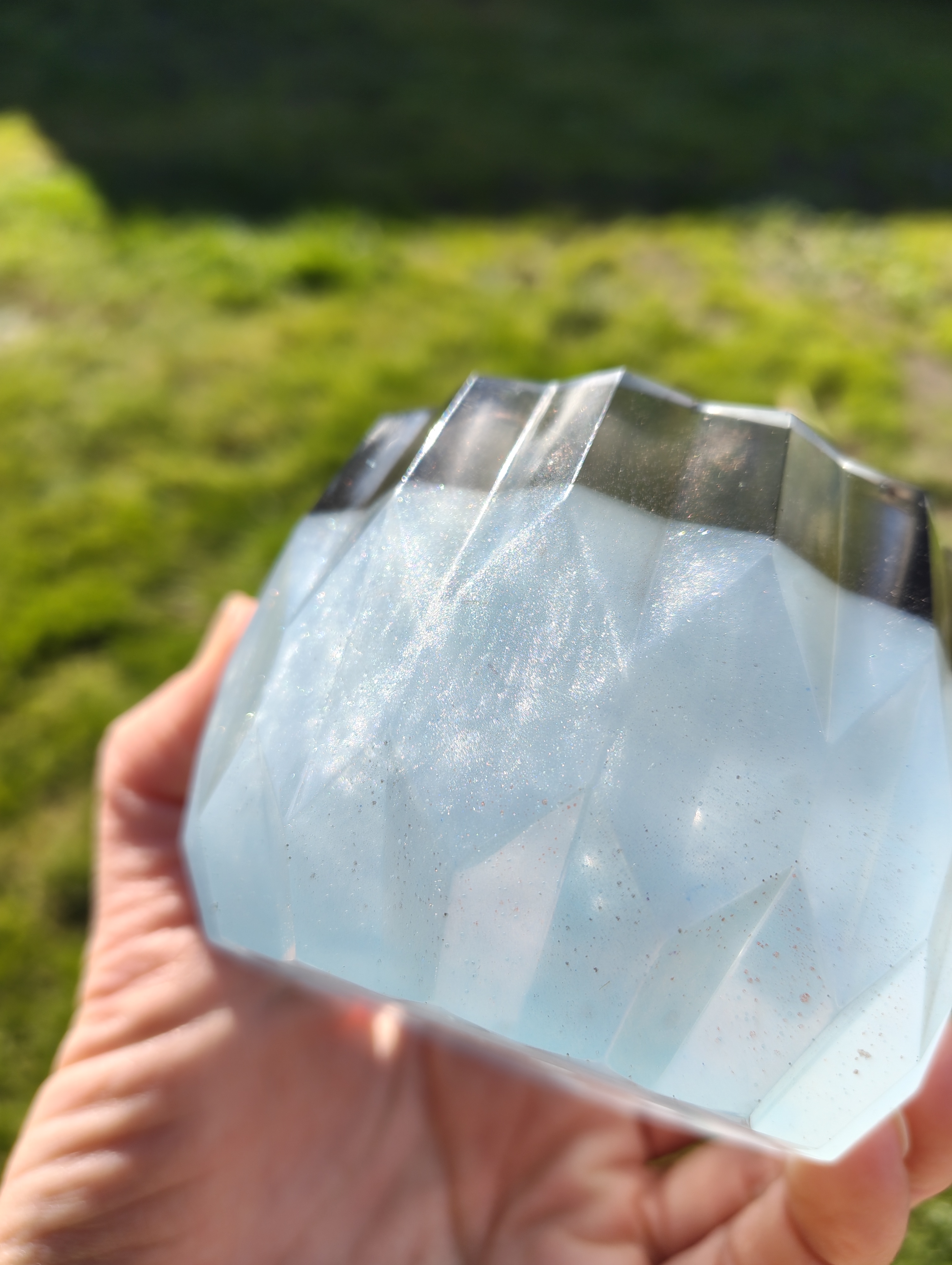 "Icy Summit" Pearlescent Blue & Smoke Geometric Planter & Tray Set